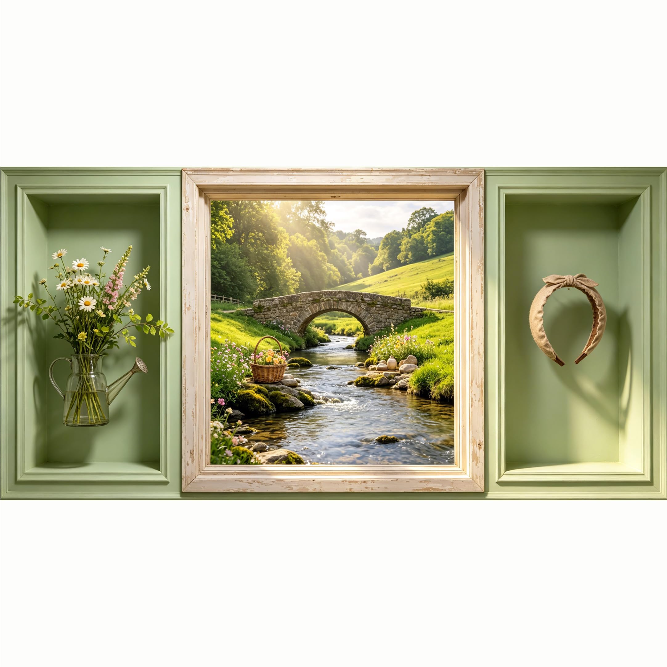 QZLITHOTIC 50x100cm 3D Framed Wall Art， Stone Bridge Creek Landscape Botanical Self‑Adhesive Mural， Water‑Activated Peel & Stick Fabric Decor Wall Decal for Bedroom Living Room