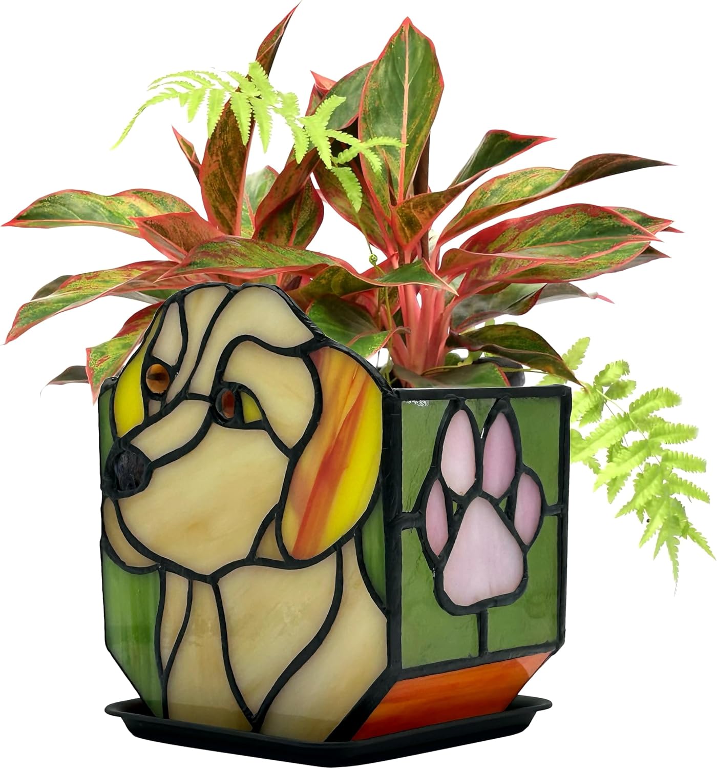 Entlityful Handcrafted Stained Glass Dog Planter - Indoor Succulent Pot with Drainage Tray, Unique Dog Memorial Gift 4.6x3x5.15in