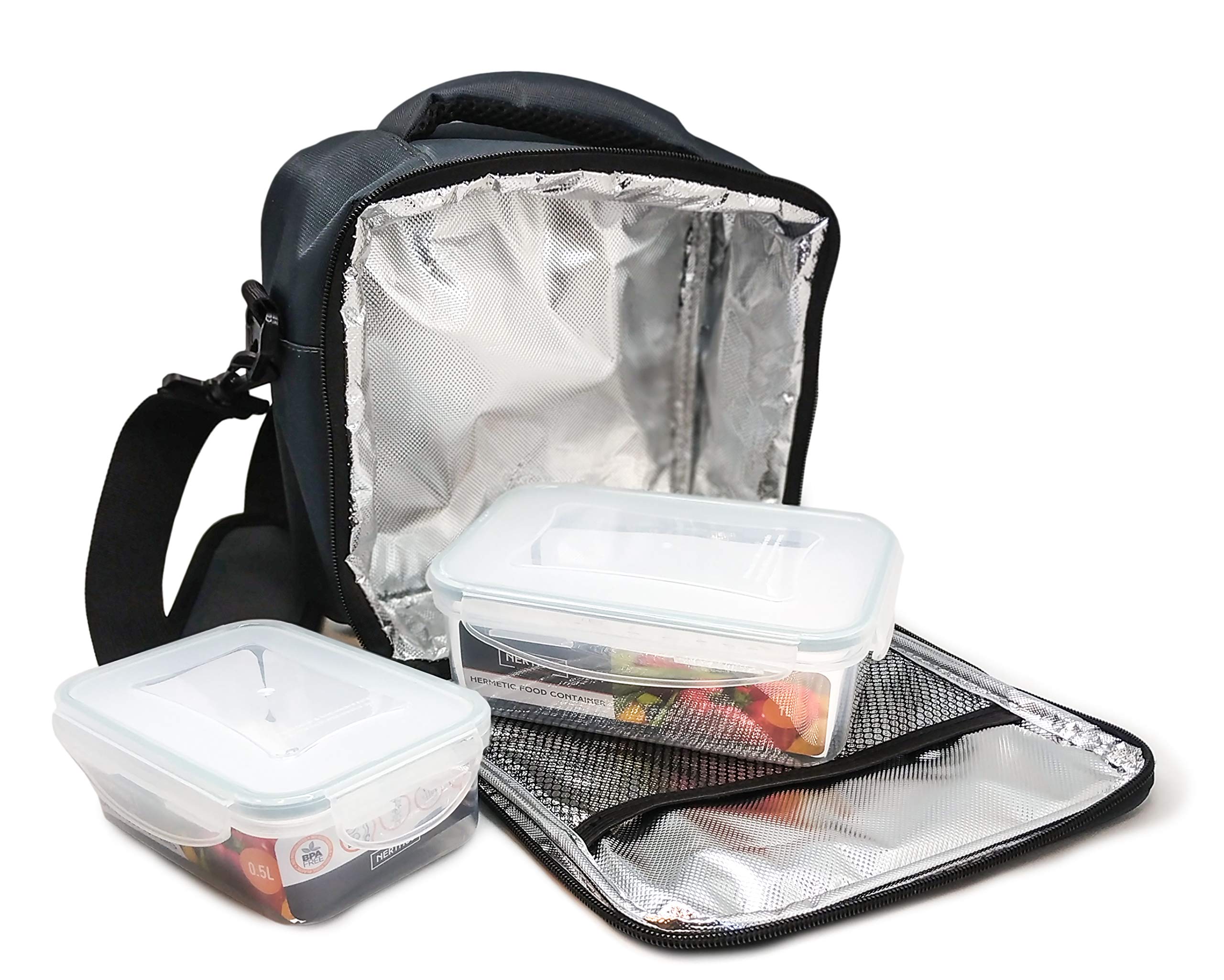 NERTHUS Lunch Bag Gris + 2 Rec. Hermétiques, Sac Thermique de Transport D'aliments, avec 2 Contenants Hermétiques