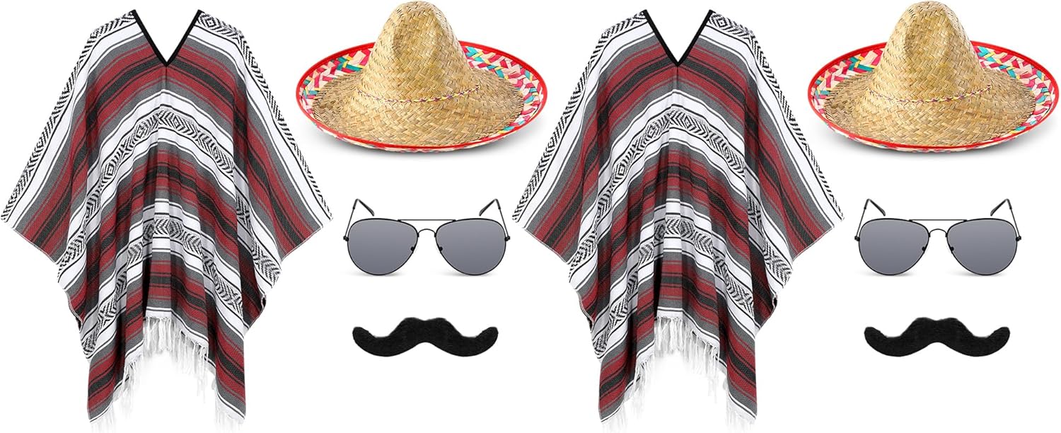 Mepase 8 Pcs Mexican Costume Set Include Mexican Serape Poncho Sombrero Sunglasses Mustache