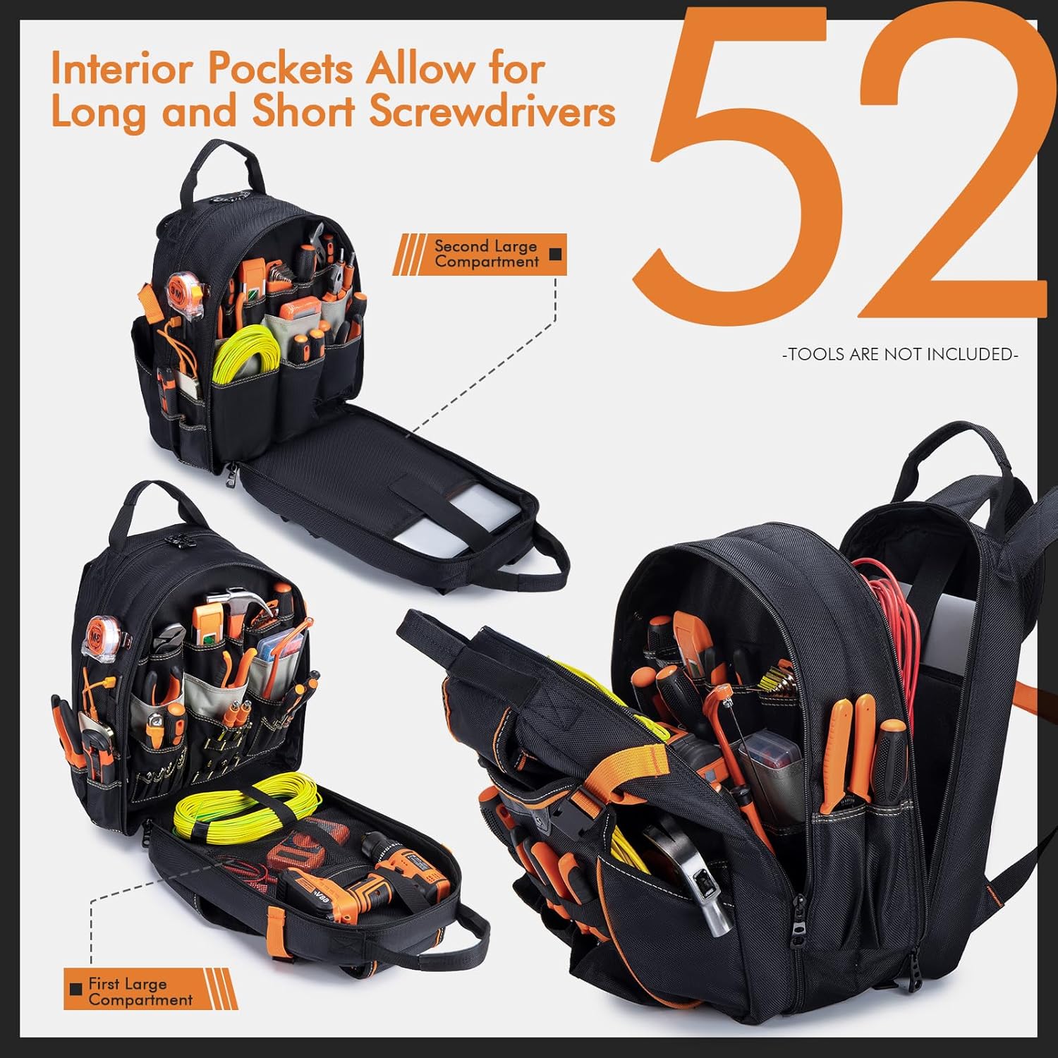 BAGZY 52 Pockets Tool Bag Backpack for Men Tool Backpack Heavy Duty Storage Organization Tool Bags Heavy Duty with Waterproof Molded Base for Electrician Repairman Industrial & Construction Work Blue