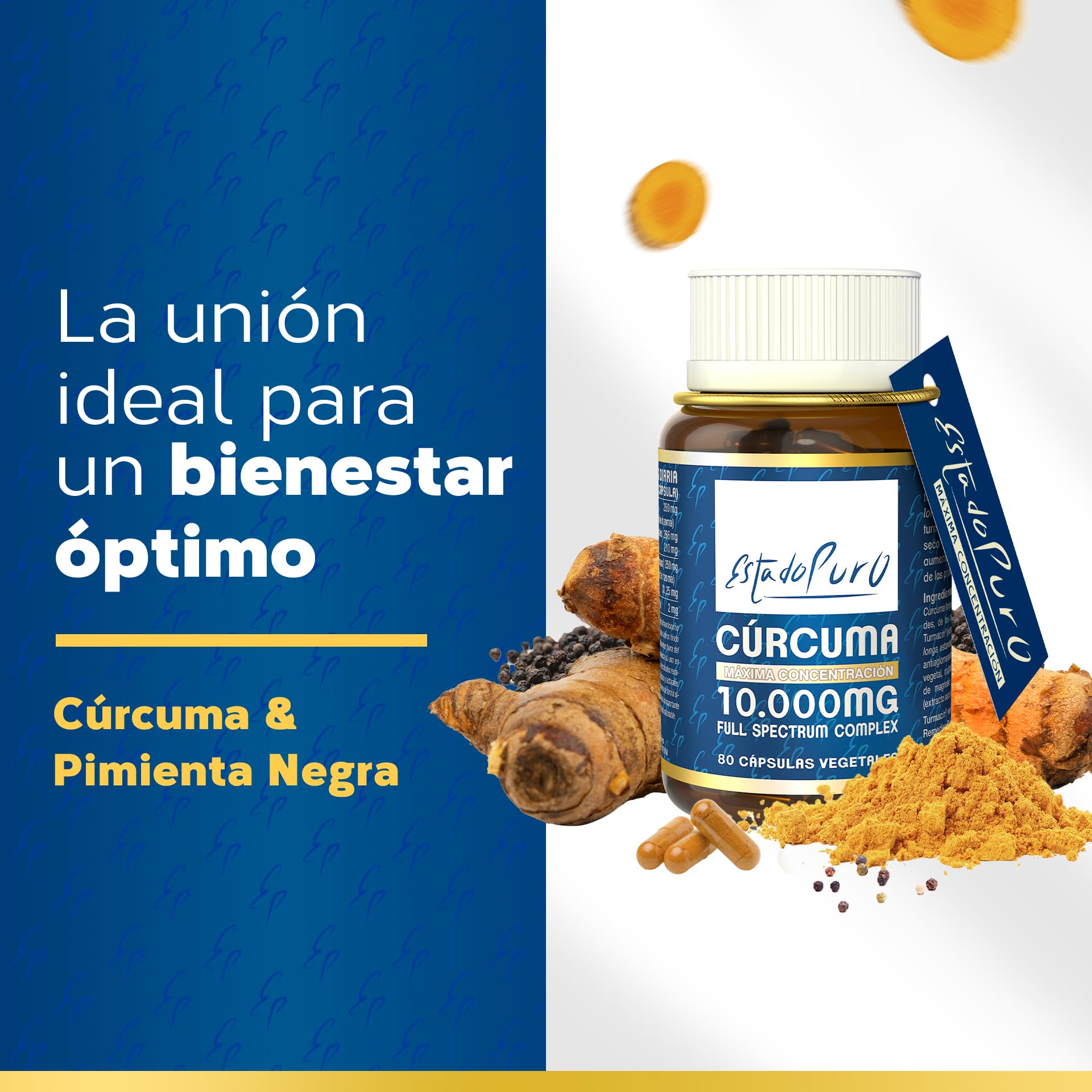 Estado Puro Cúrcuma 80 Cápsulas | Con Pimienta Negra | Alta Potencia 10.000 mg | Turmeric Complex con 3 Tipos de Curcumina | Tongil (Paquete de 1)