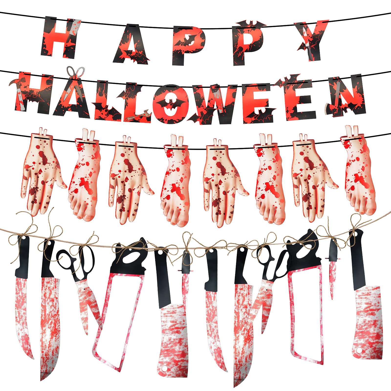 Bloody Garland Scary Horror Banner For Spooky Zombie Vampire Diaries Birthday Party Decorations Haunted House Themed Party Decor Backdrop Supplies, 34 Pieces ( 28ft）