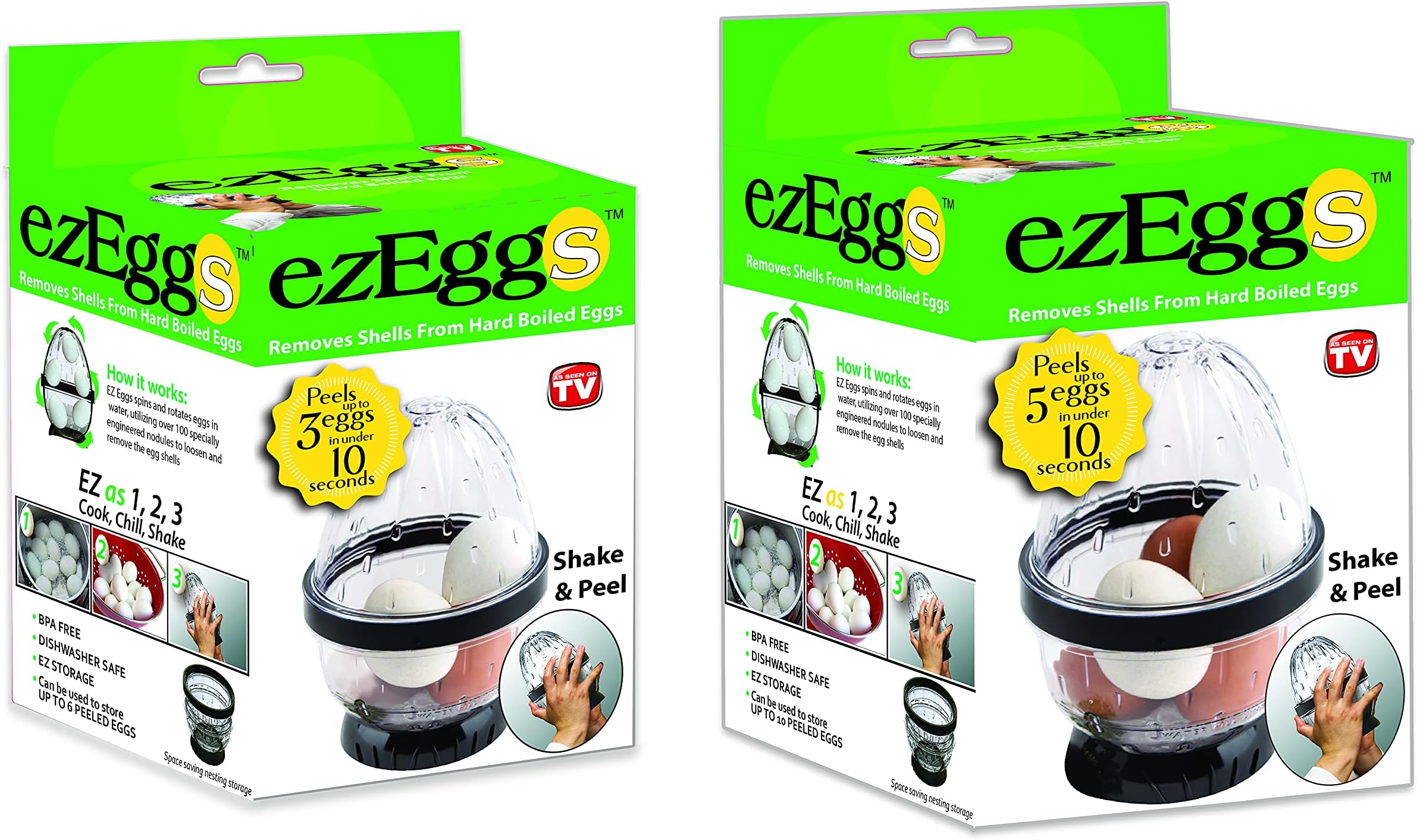 EZ EGGS Set/2 Hard Boiled Egg Peelers, 3 Egg Capacity Each – Handheld Specialty Kitchen Tool Peels Egg Shells in Seconds (As Seen on TV)