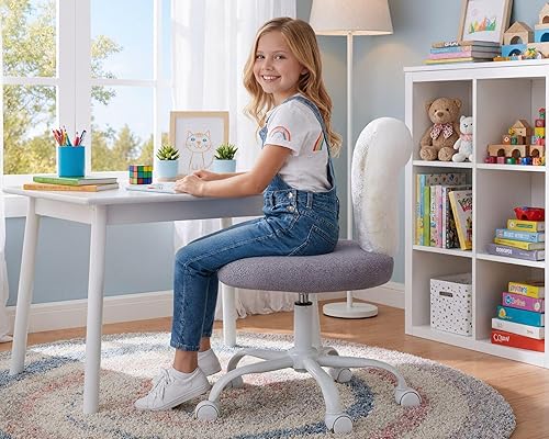 Miniatura 21 de Silla de escritorio moderna con diseño de gato para niños, cómodas sillas de escritorio pequeñas y mullidas para niñas y niños, silla giratoria