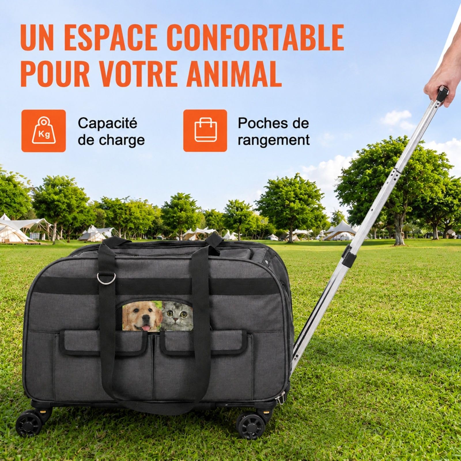 Sac de Transport Roulant pour Chat et Chien, Noir, avec poignée télescopique, bandoulière, Fermeture éclair autobloquante et gamelle Pliable, pour Voyage et Sorties
