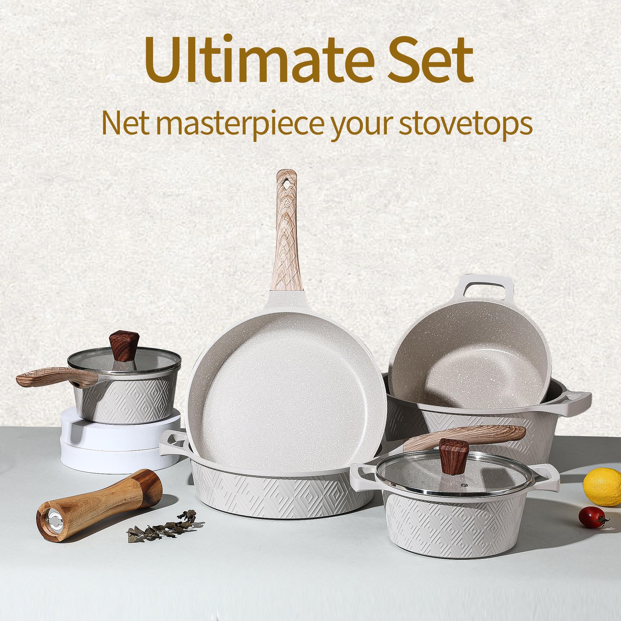 Royal Swiss Batterie de cuisine 12 pièces en aluminium avec revêtement antiadhésif en marbre - Pour induction, gaz, électrique et céramique - Couvercle en verre avec sortie vapeur - Sans PFAS et passe