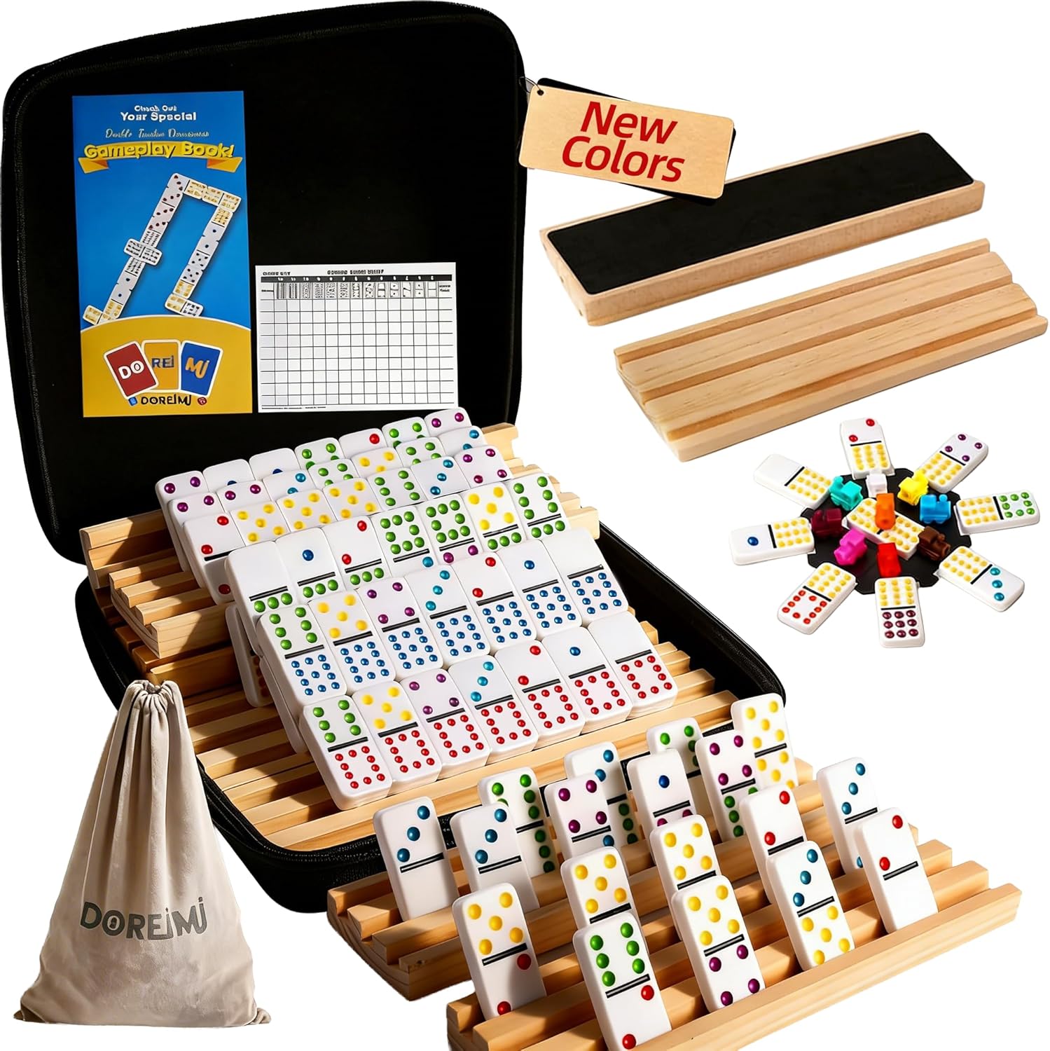 Doreimi Upgraded Mexican Train Dominoes Set with 8 Wooden Holders, Double 12 Dominos Set for Kids, Adults Travel Domino Train Set with 91 Tiles and Carry Case, Classic Board Games for Family Night