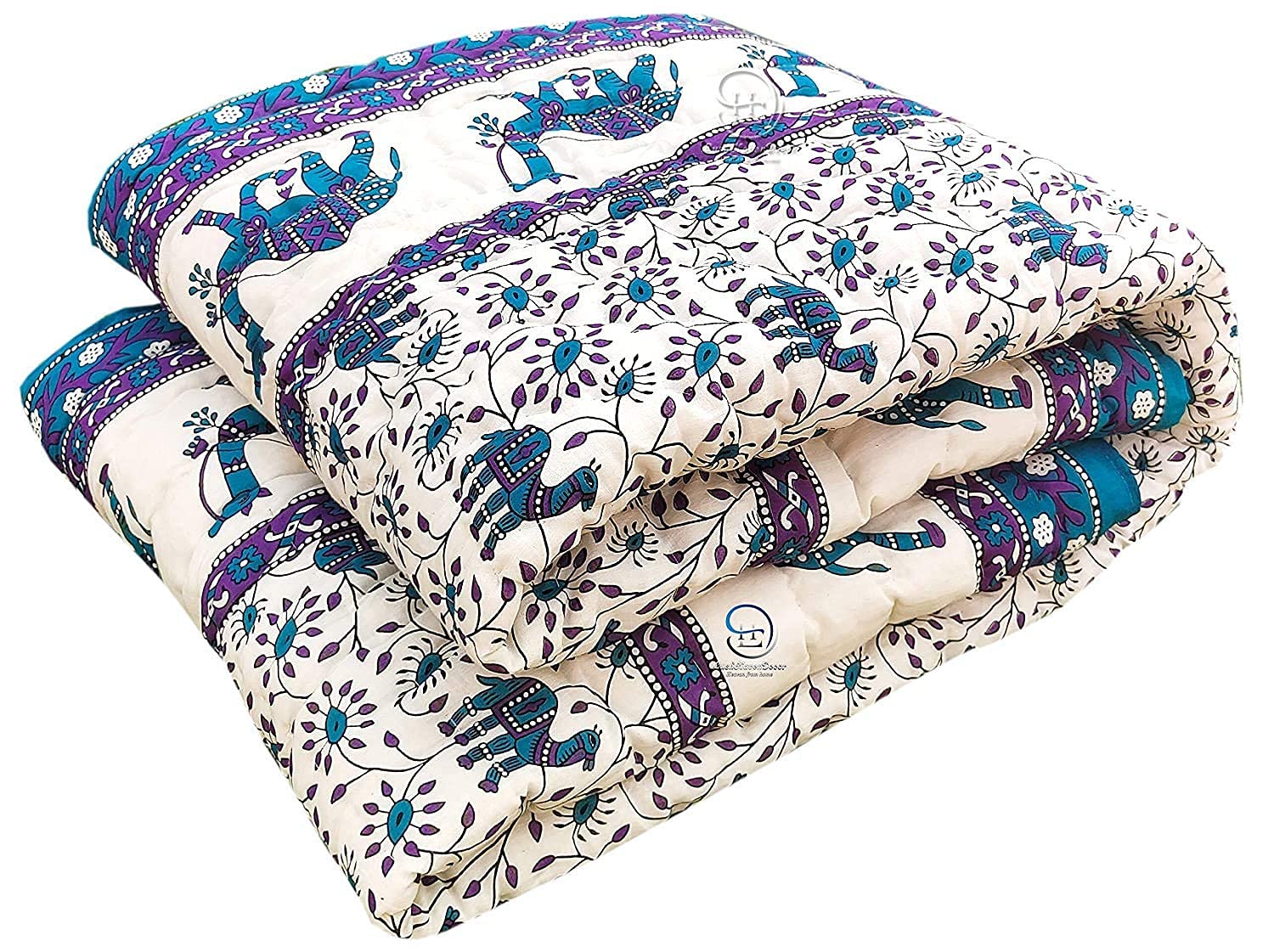 Rajasthani Printed Cotton Quilt, Teal and Purple Camel & Elephant Motif, Floral Border Design, Handcrafted from India, Single Bed Size, Reversible-picture-11