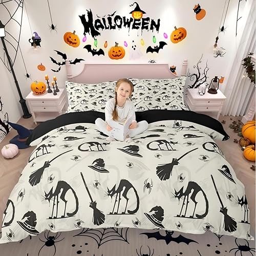 Miniatura 1 de Erosebridal Juego de ropa de cama de gato negro, decoración de Halloween, sombrero de bruja, funda de edredón de araña gótica para niños y