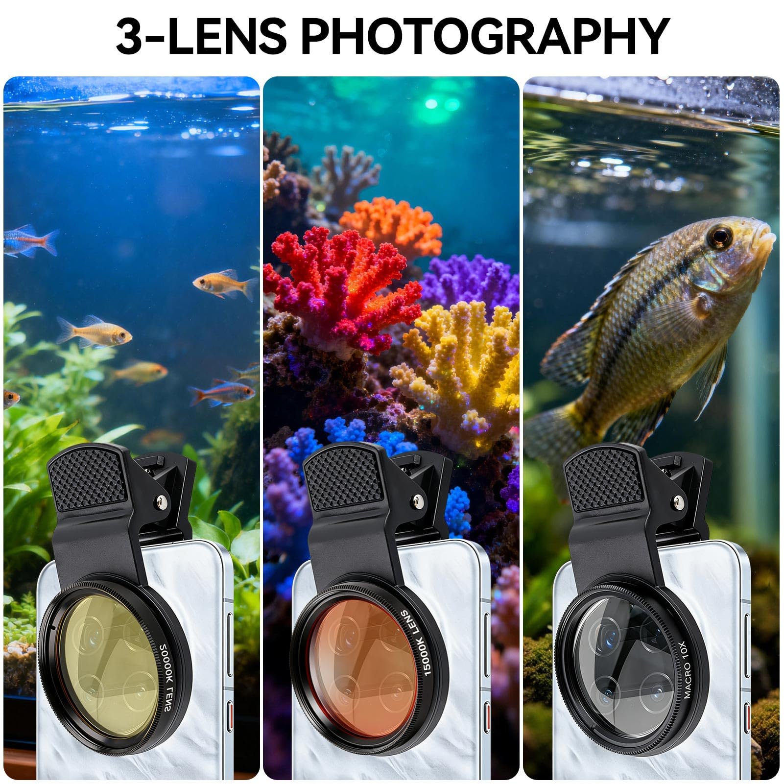 Lenti per Cellulare, Set di filtri per Lenti HD Clip-on Giallo Arancione Lenti per Vista Macro Acqua di Mare Acquario Cilindro di Corallo Kit di Lenti per Fotografia Subacquea con Filtro Macro