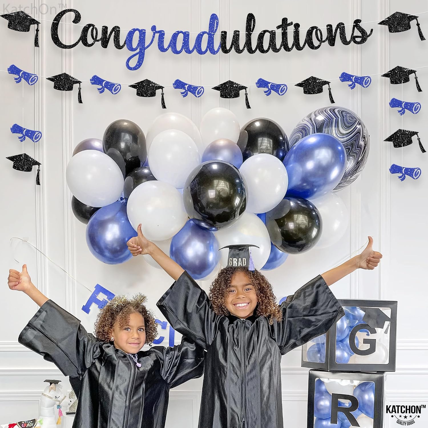 Glitter Blue and Black Congratulations Banner - No DIY, 10 Feet | Graduation Banner for Grad Cap Decorations | Congrats Grad Banner for Blue Graduation Decorations 2026 - KatchOn