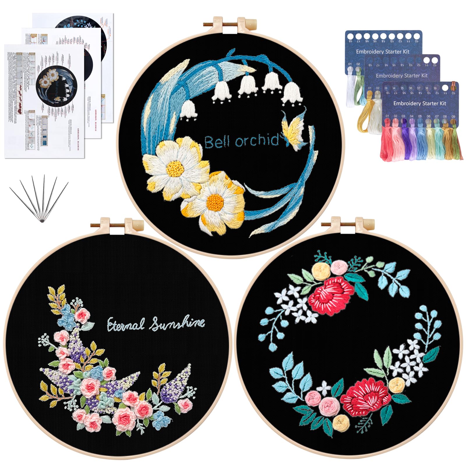 chfine Embroidery Kit for Beginners Adults, 3 Sets Stamped Cross Stitch Kits DIY Craft with Flowers Cloth,Embroidery Pattern Fabric Needlpoint, Hoop, Tools