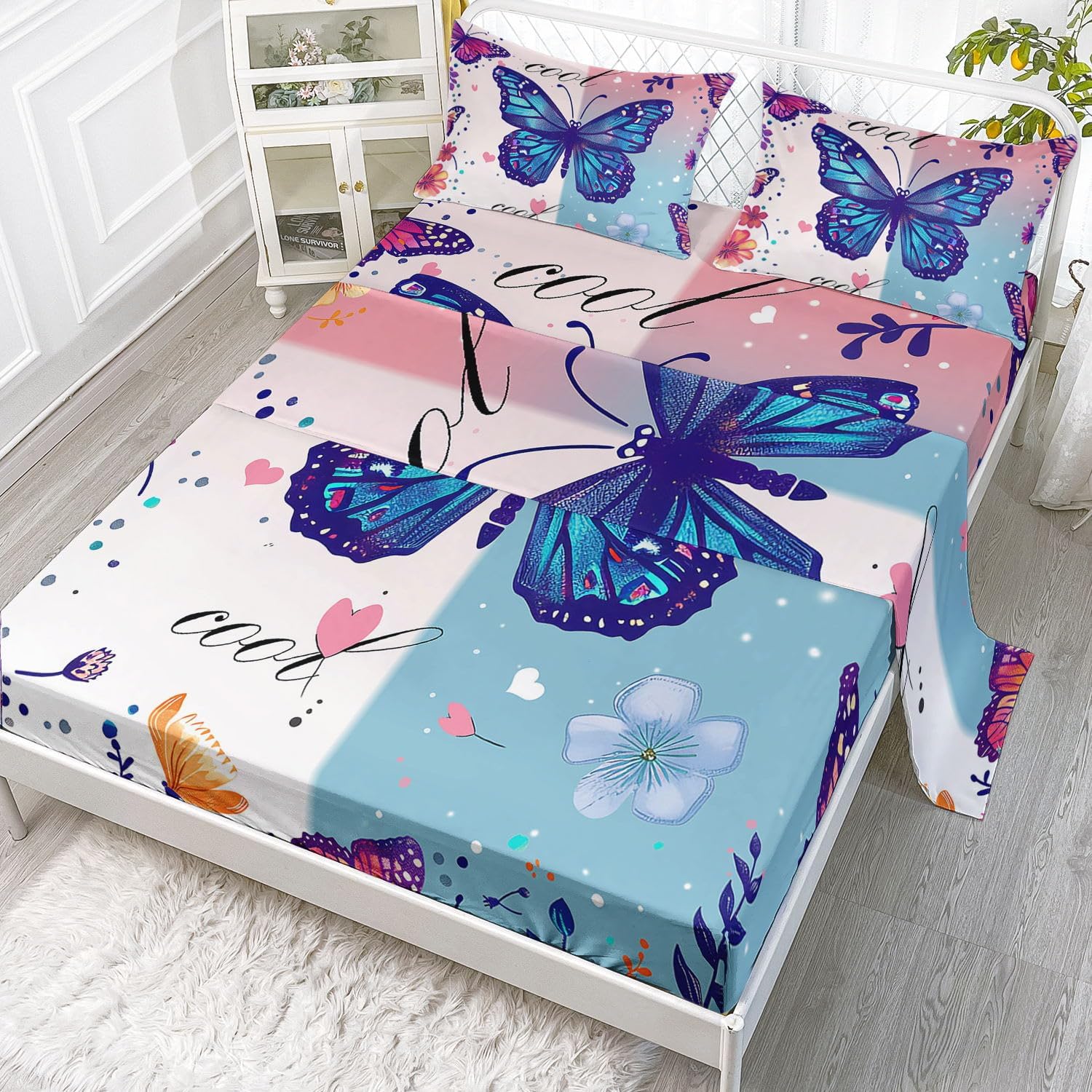 Farm Animal Sheets Set 4Pcs for Kids,Cartoon Cow Chicken Sheep Printed Sheet Set with 1 Flat Sheet and 1 Fitted Sheet + 2 Pillowcases(Farm Animal Twin)