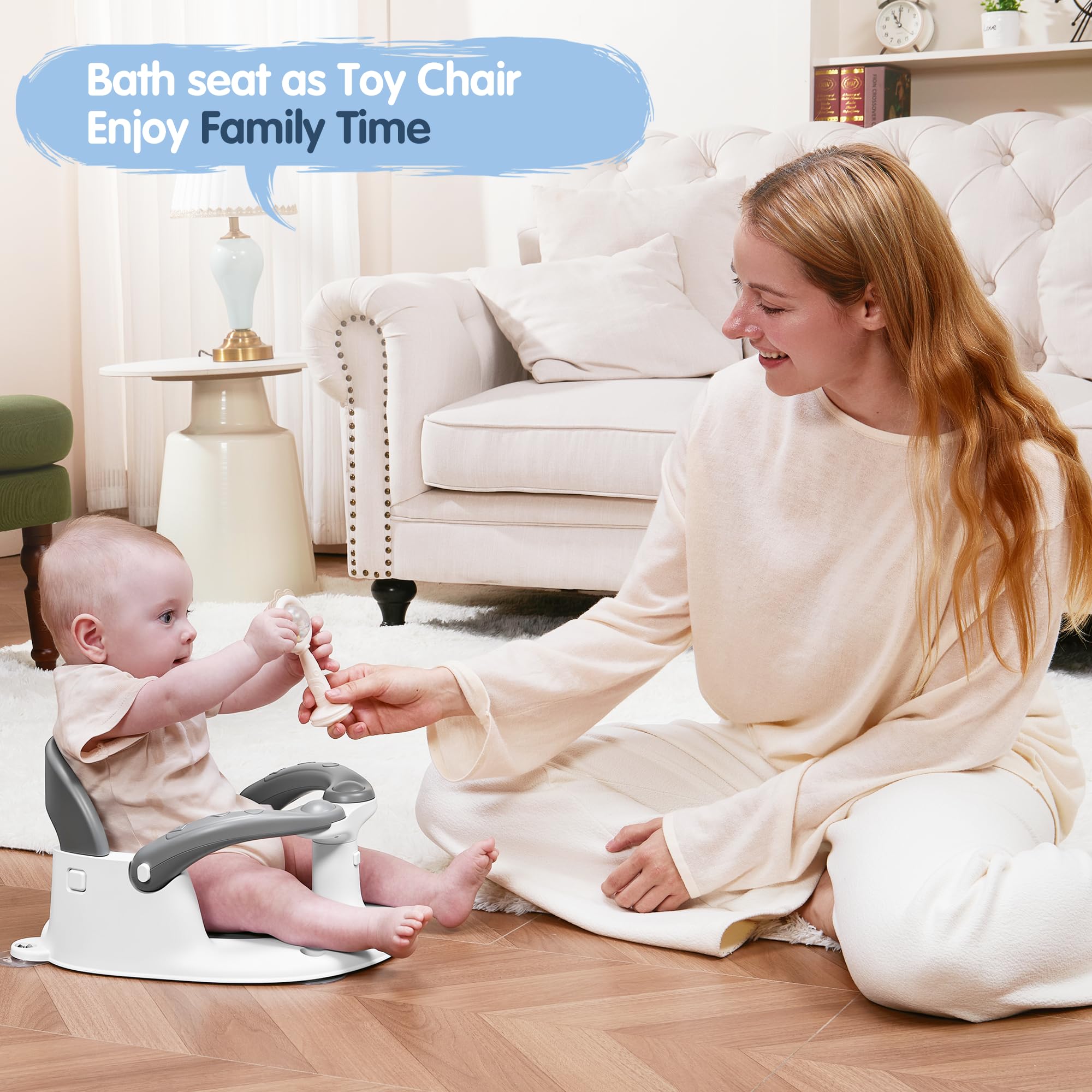 babove Siège de bain pour bébés de 6 mois et plus avec thermomètre autocollant, bouton One-Touch pour une ouverture facile de l'accoudoir, chaise de bain pour bébé (gris)