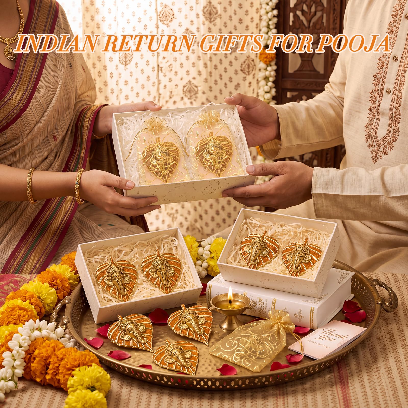 Marsui 16 Stück indische Pooja-Rückkehr-Geschenke, Metallblätter, Ganesha-Dekor, Dankeskarten, Organza-Beutel, Diwali-Rückgabe, Geschenke für Gäste, Diwali, Hochzeit, Einweihung, religiöse Zeremonie