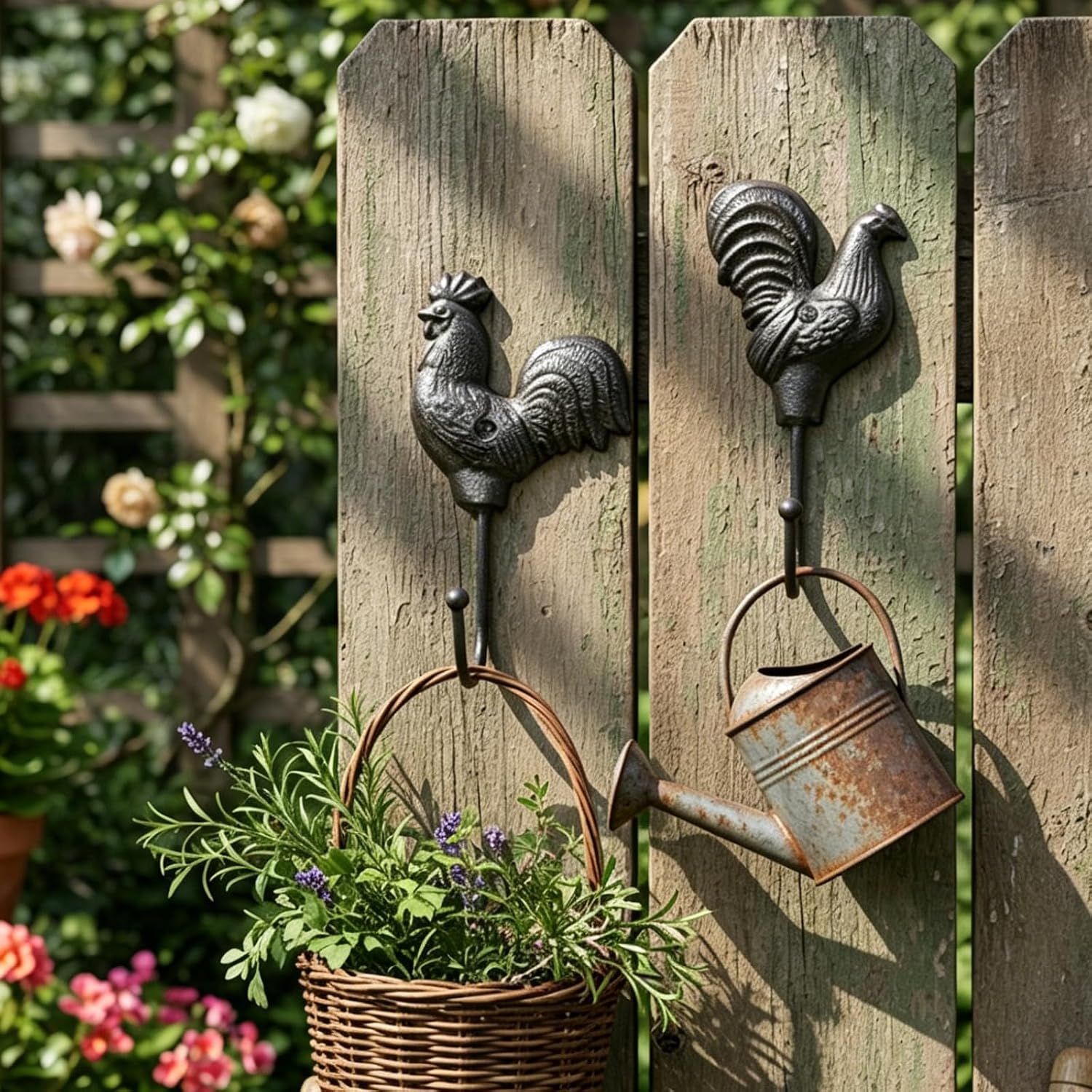 Set of 2 Iron Chicken Decorative Hook Antique Cast Rooster Single Key Hanger for Wall Mount Country Style Elegant Hen Pattern Hooks Vintage Outdoor Farm Animal Decor