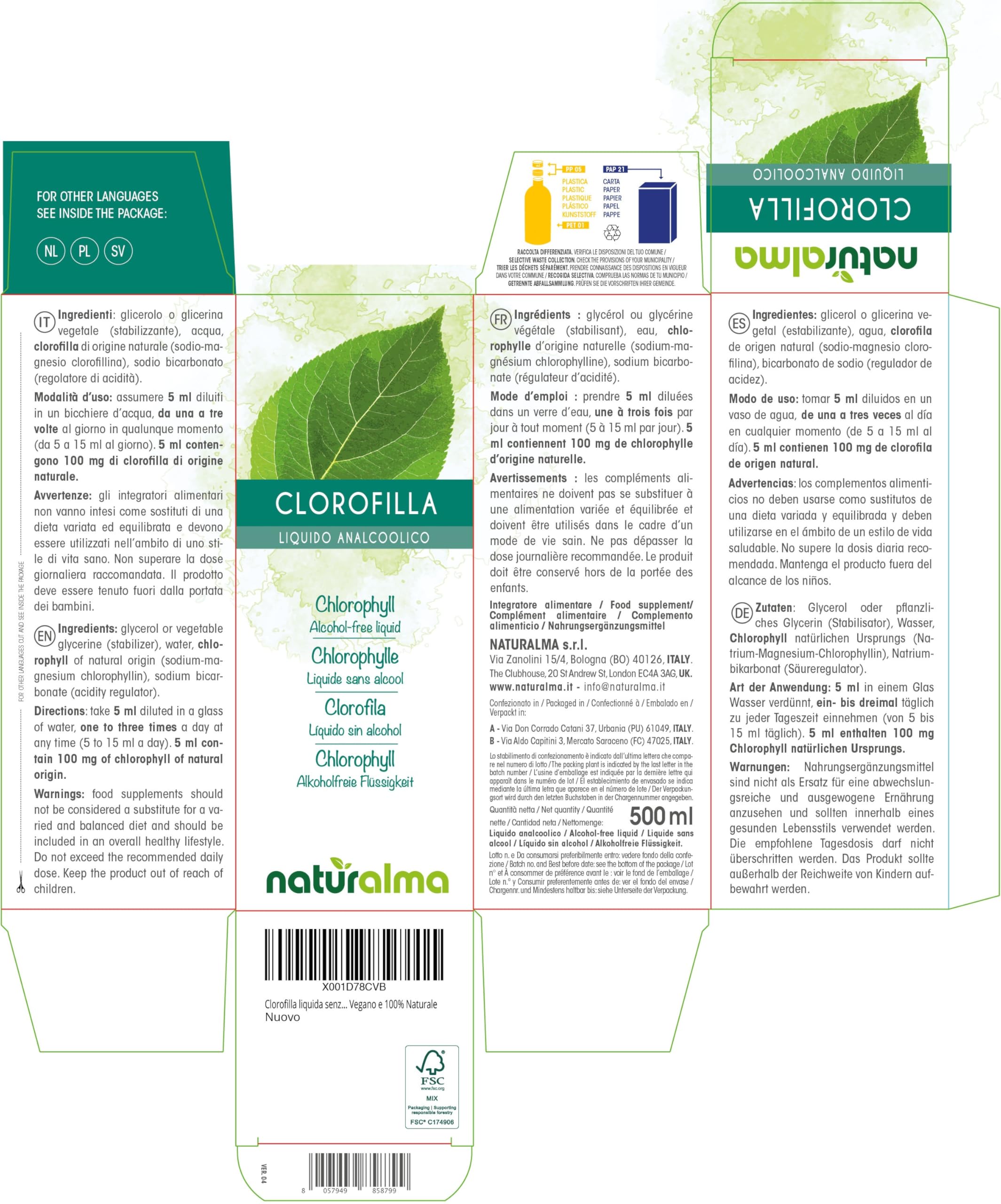 Chlorophylle Naturalma - Liquide sans alcool 500 ml - Complément alimentaire - Végétalien et 100% naturel