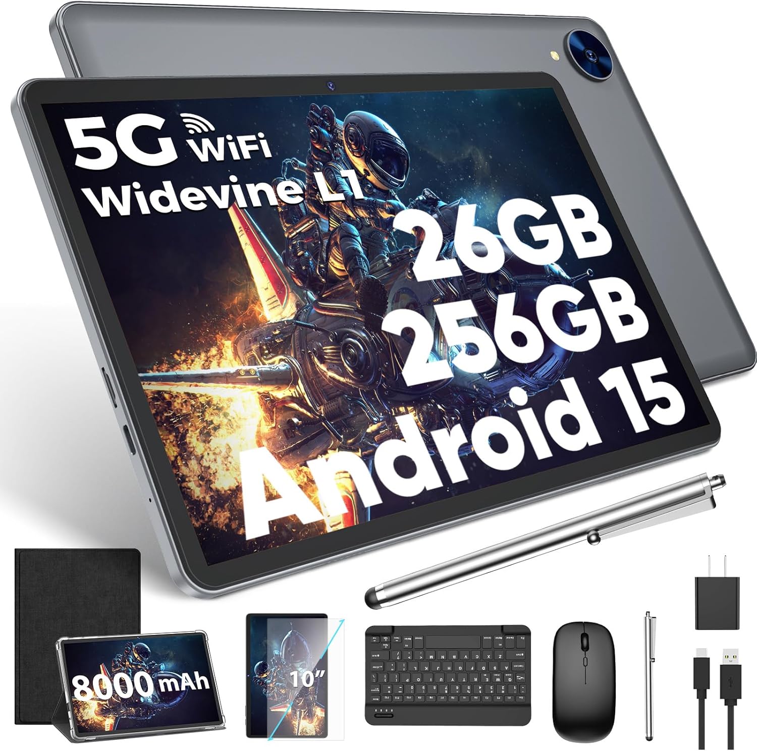 Android 15 Tablet with Keyboard, 26GB RAM, 256GB ROM(2TB Expand), 10.1 inch Octa-Core Tablets, 5G/2.4G WiFi, 8000mAh Battery, BT 5.0, GMS Certified, with Mouse, Case, Stylus, Split screen(Black Case) Android 15 Tablet with Keyboard, 26GB RAM, 256GB ROM(2TB Expand), 10.1 inch Octa-Core Tablets, 5G/2.4G WiFi, 8000mAh Battery, BT 5.0, GMS Certified, with Mouse, Case, Stylus, Split screen(Black Case)