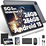 Android 15 Tablet with Keyboard, 26GB RAM, 256GB ROM(2TB Expand), 10.1 inch Octa-Core Tablets, 5G/2.4G WiFi, 8000mAh Battery, BT 5.0, GMS Certified, with Mouse, Case, Stylus, Split screen(Black Case)