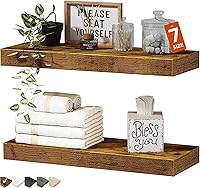 QEEIG Rustic Brown Floating Bathroom Shelves, 15.7x6.7 Inch Wall Mounted Set of 2 Over Toilet, Farmhouse Storage Display