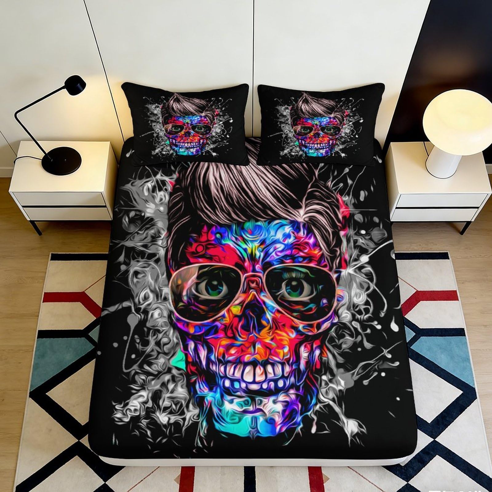 3D Printed Skull Graffiti Fitted Sheet Microfiber Black Artistic Smoke Mattress Cover for Bedroom Dorm Decor 90x200x25cm