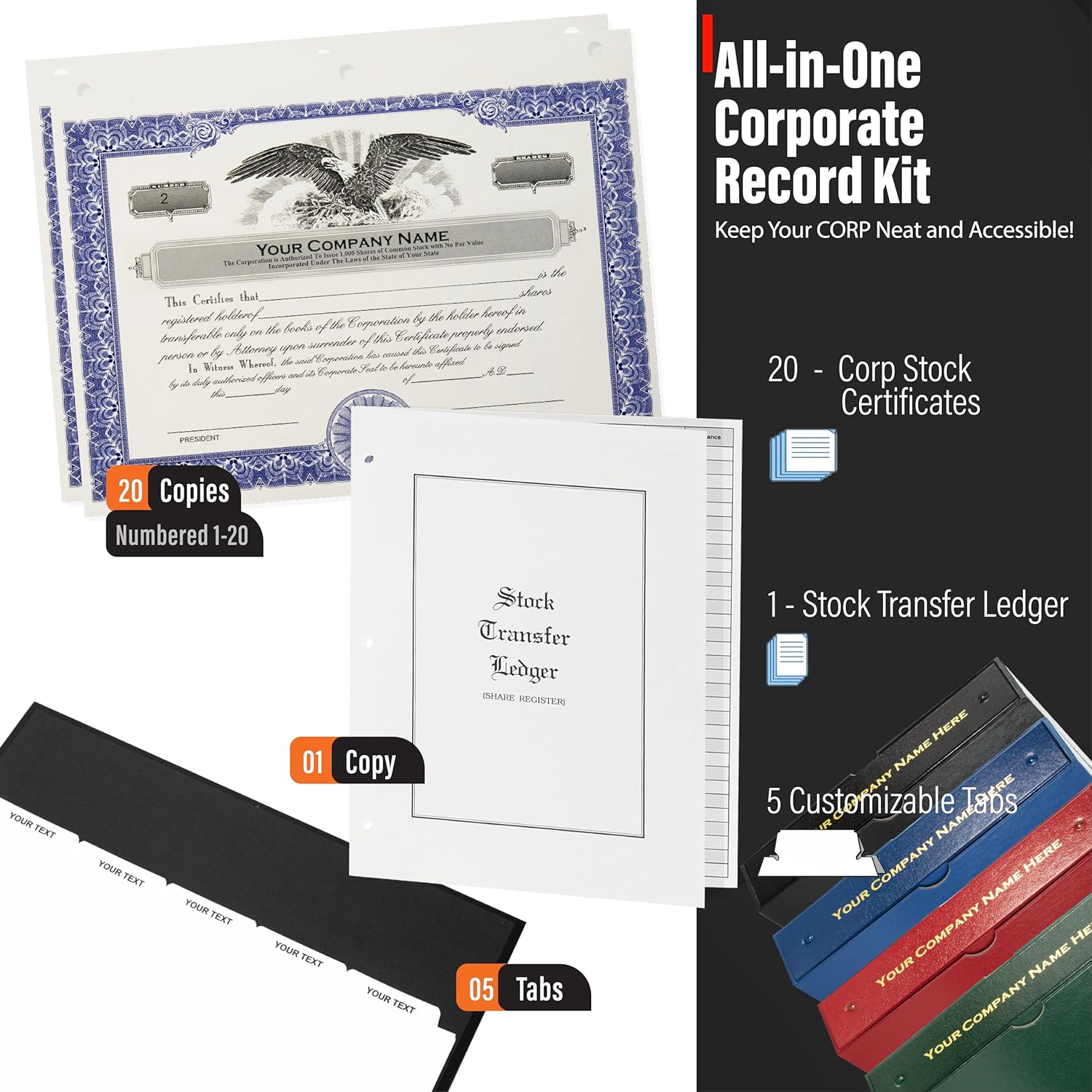 Business Records Corporate Kit (Red) - Binder, Slipcase, Minutes & Bylaws, Stock Certificates with Stubs & Customizable Index Tabs