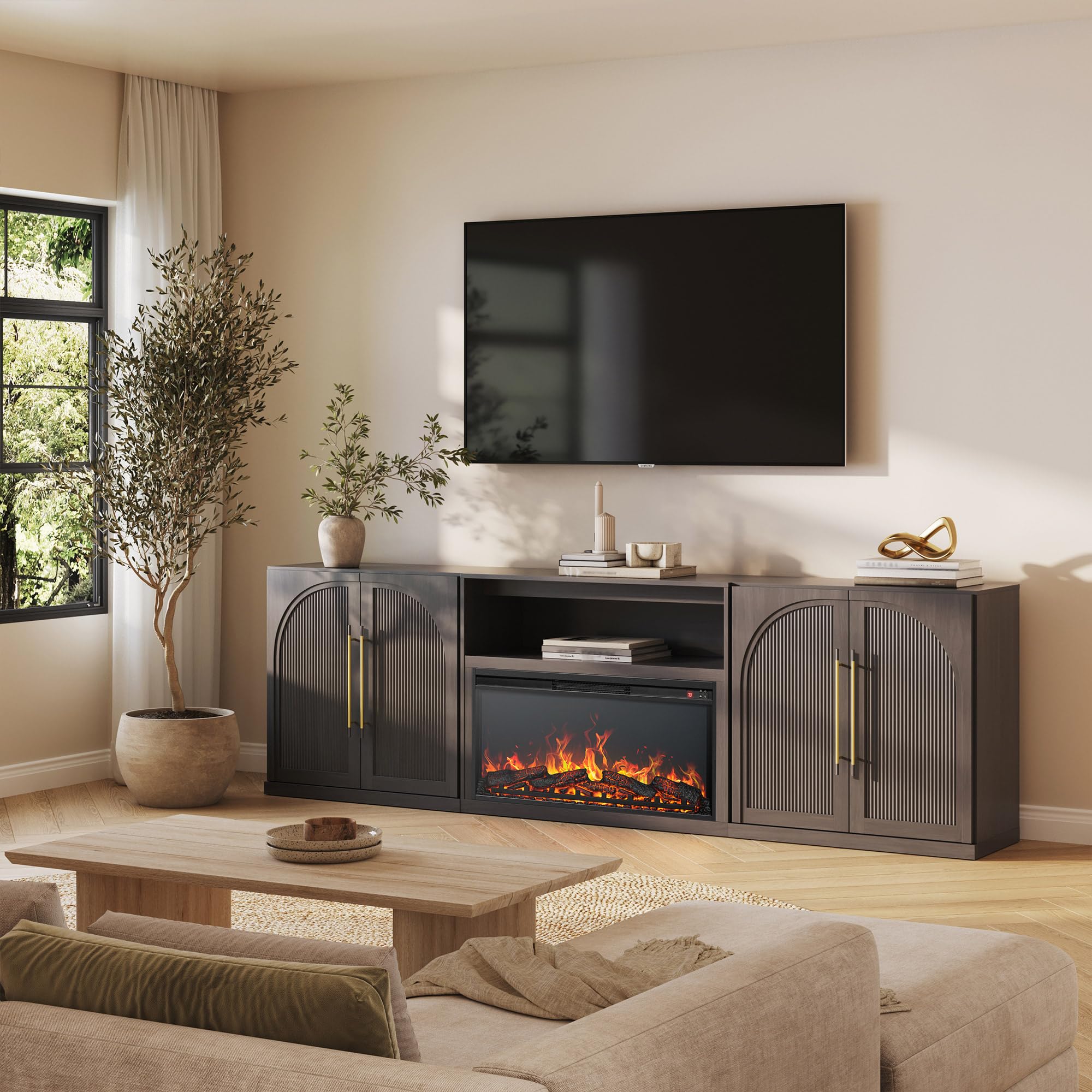 BELLEZE Jagger 105" TV Stand with 36" Electric Fireplace - Ebony