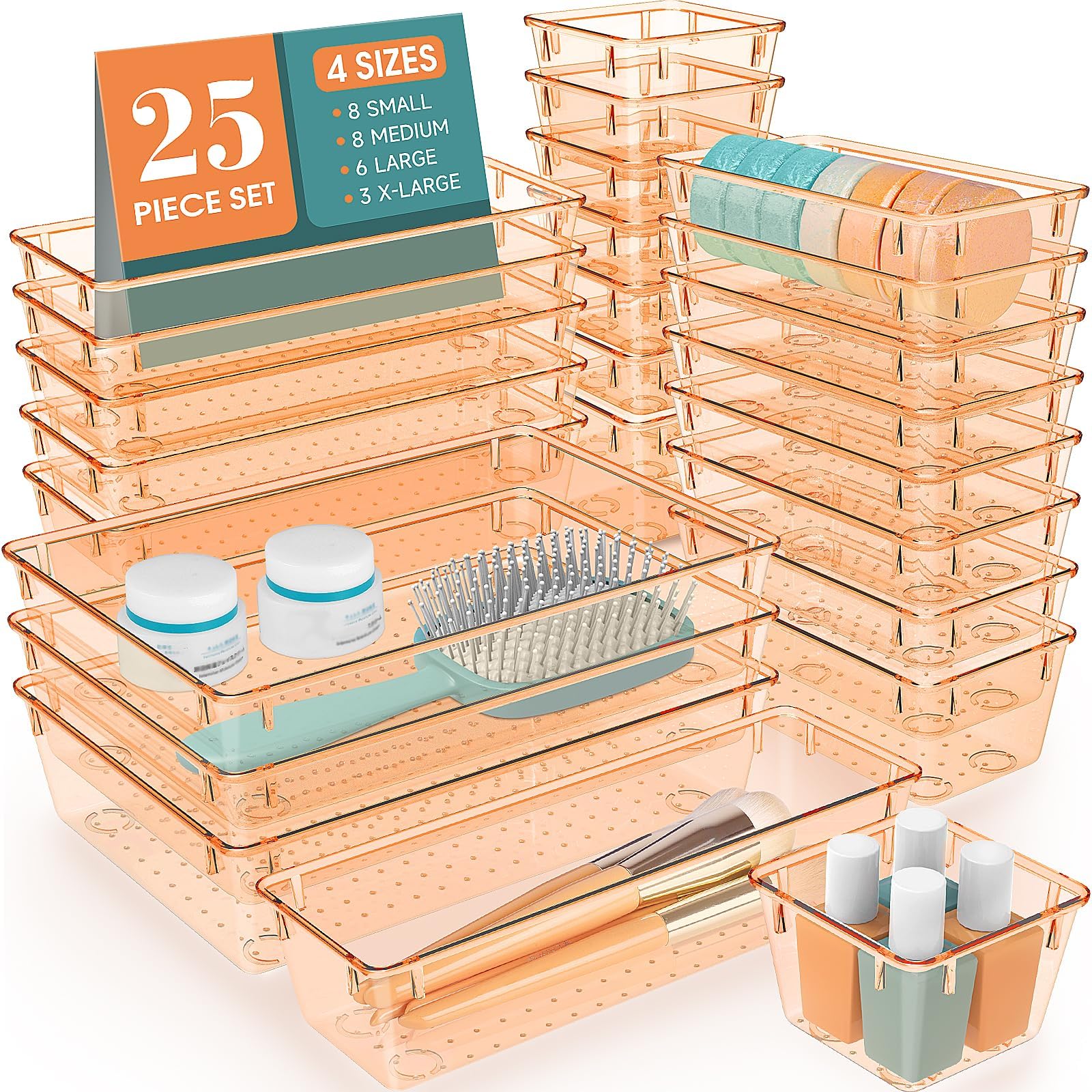 WOWBOX 25 PCS Plastic Drawer Organizer Set, 4 Sizes Clear Orange | Bulk Pack Caddy for Students - main product image