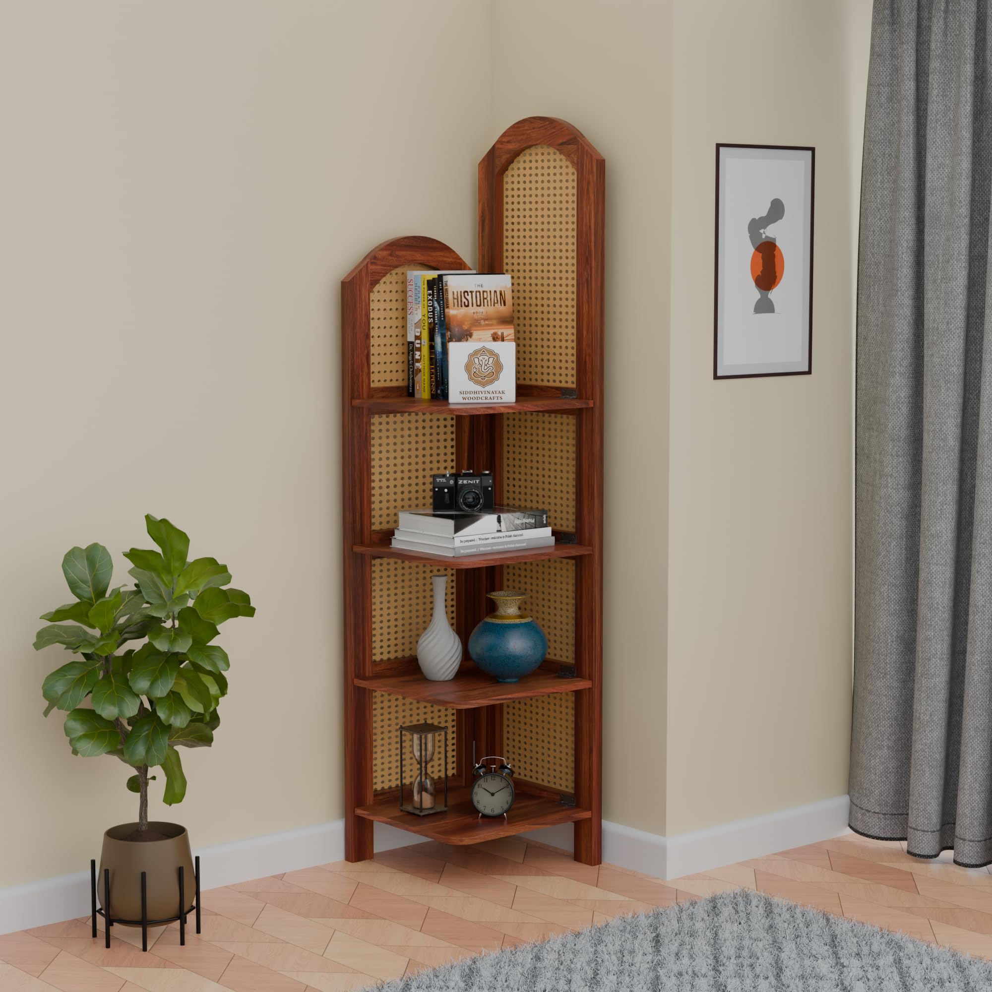 Solid Sheesham Wood Corner Shelf for Living Room | 4 Tier Wooden Corner Rack with Cane Design | Wooden Bookshelf for Home & Bedroom | Space Saving Storage Unit | Honey Finish | 66 x 16 Inch-image-43