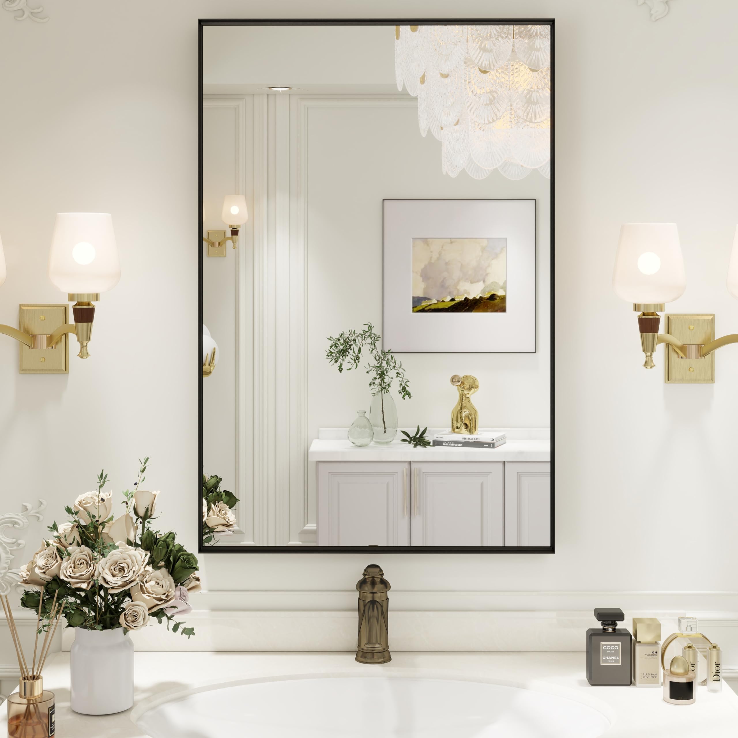 black bathroom vanity mirror 24x36 inch, rectangle matte black mirror for bathroom, square corner, tempered glass, bedroom, living room, entryway, wall mounted(vertical/horizontal)