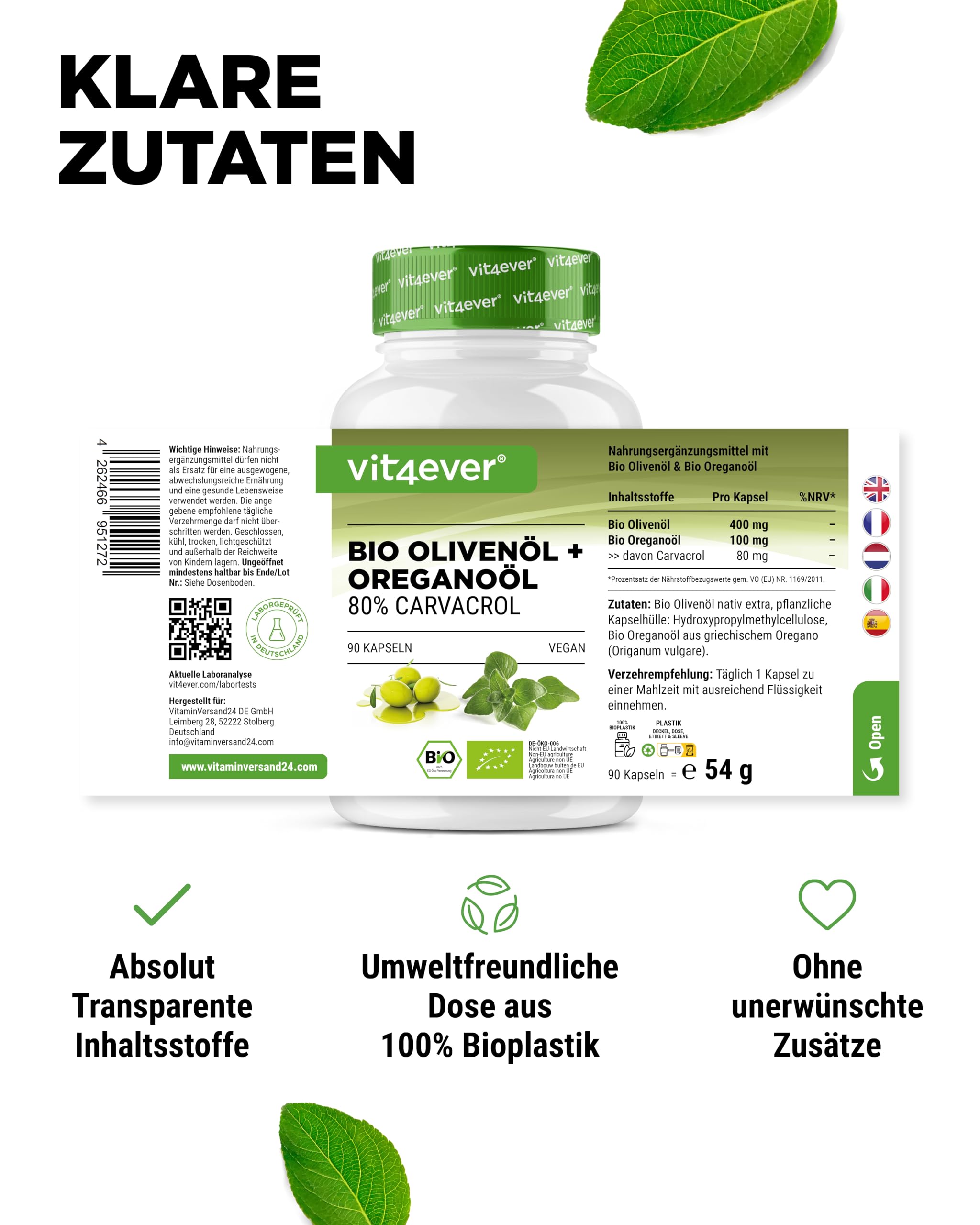 vit4ever Bio Oreganoöl Olivenöl - 90 Kapseln - Hochdosiert mit 80 mg Carvacrol pro Kapsel - griechisches Oreganoöl & natives Olivenöl aus kontrolliert biologischem Anbau - Vegan