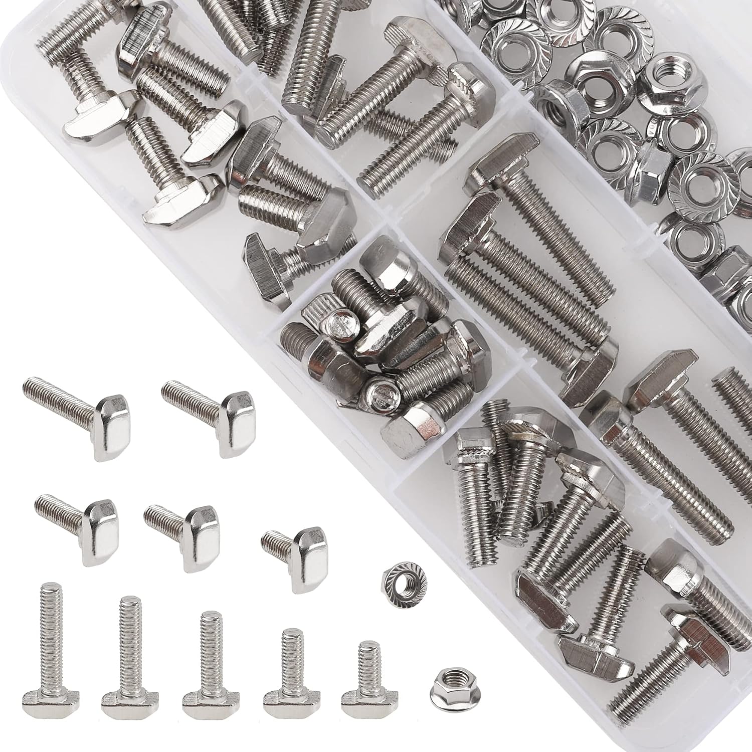 80Pcs Hammer Head T-Slot Drop-in Stud Sliding Bolt Screw Nut Assortment Kit, for European Standard Aluminum Profile (M5-20 Series)