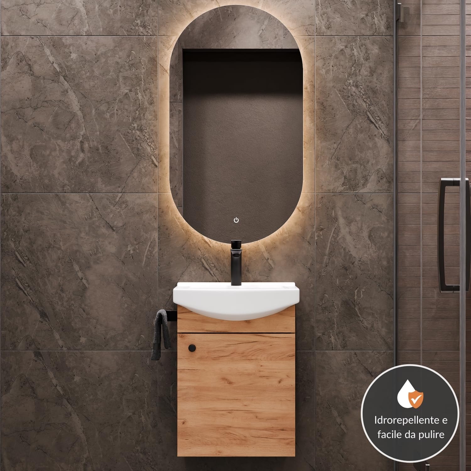 Planetmöbel Set di mobili da bagno lavabo con mobiletto 45 x 60 x 33 cm, specchio con illuminazione 50 x 90 cm per WC ospiti, rovere oro