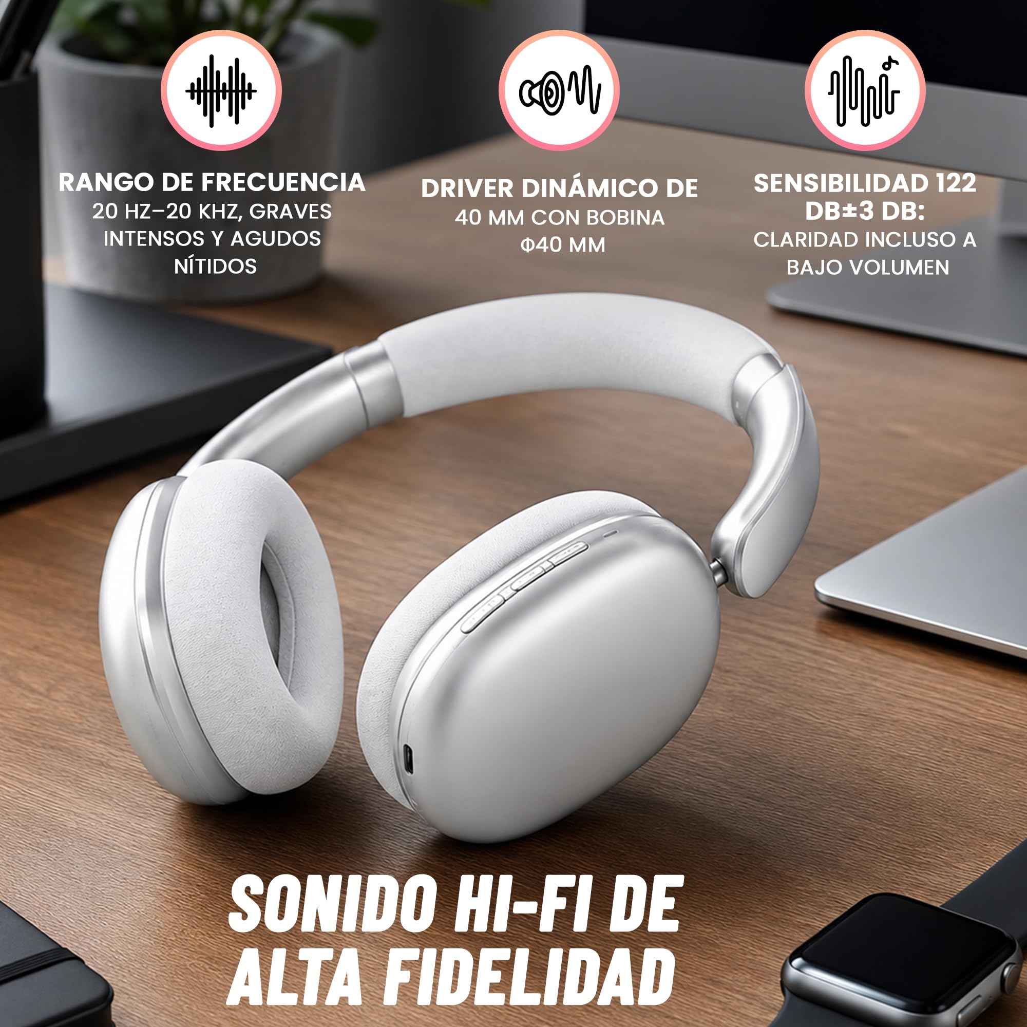 BEBEAT - Auriculares Inalambricos Bluetooth Diadema con Cancelación de Ruido Activa - 75 Horas de Uso - Carga Rápida, Ecualizador, Carga USB-C, Rango de 10 m, Llamadas Nítidas, iOS y Android.