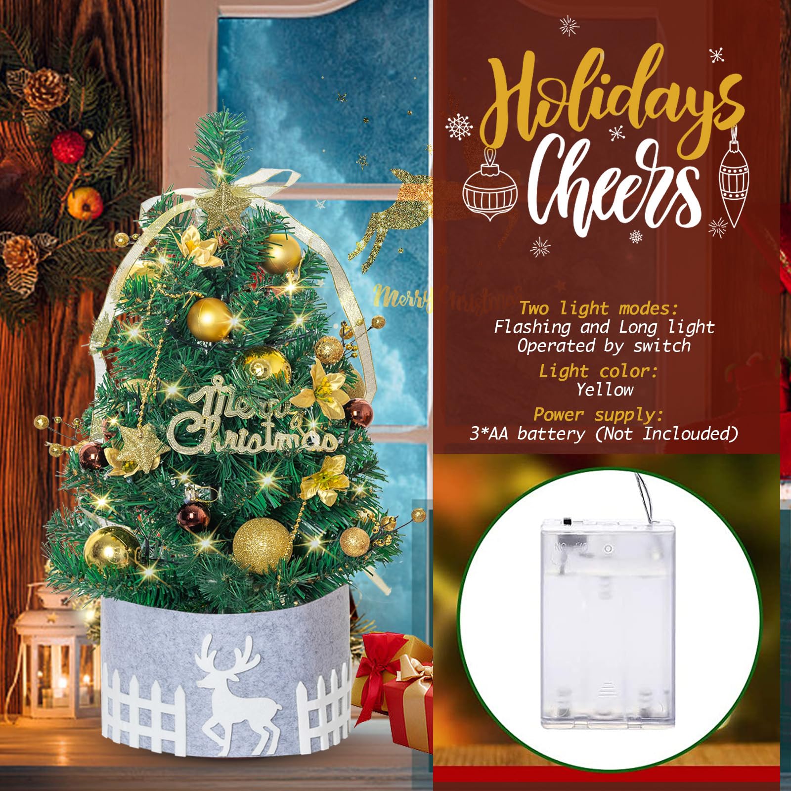 Friiko Pre-lit Tabletop Artificial Mini Christmas Tree - 21" Little Xmas Tree with LED Lights, Gold Ornaments and Fence Base for Home Office Holiday DIY Decor