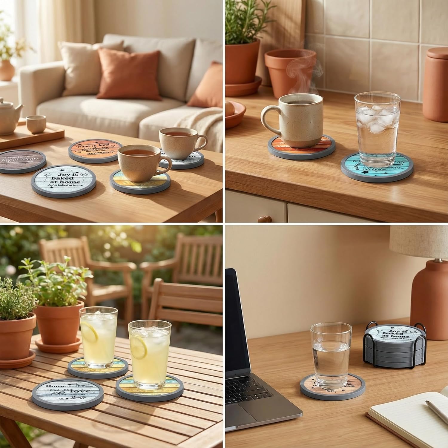 Absorbent Coasters for Drinks with Holder, Set of 6 Farmhouse Coasters, Silicone Coaster with Soft Felt Insert, Round, Housewarming Gifts - Image 5