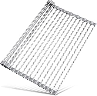 17.7" x 15.5" Roll Up Dish Drying Rack Over Sink Drying Rack Sink Cover Kitchen Sink Accessories Gadget Multipurpose Organizer Foldable Stainless Steel Drainer (Grey)