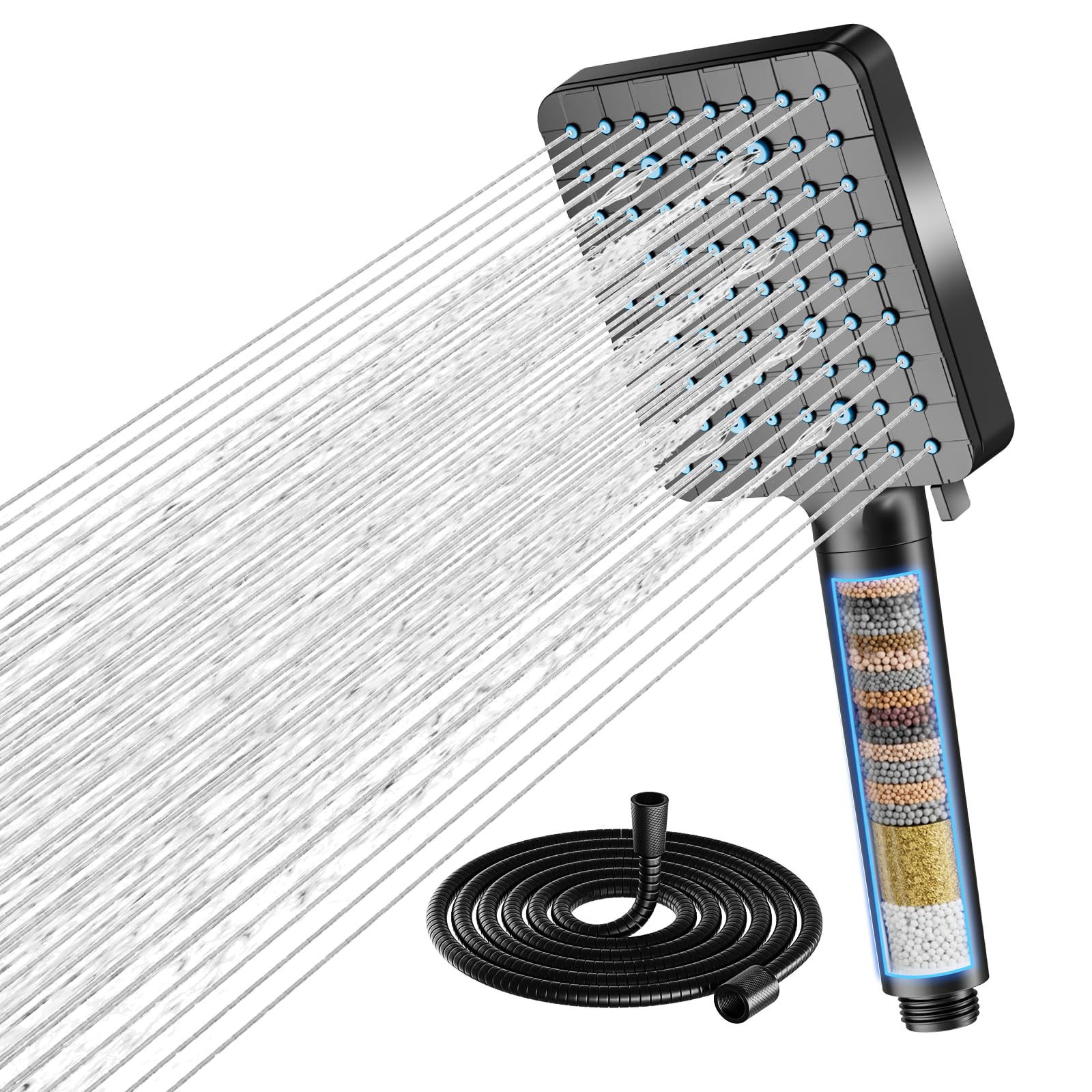 Cobbe F.black Hard Water Filter Shower Head, High Pressure Shower Head And Hose With 20 Stage Filter, 6 Spray Modes Square Powerful Showerhead For Residual Chlorine Remove, Black
