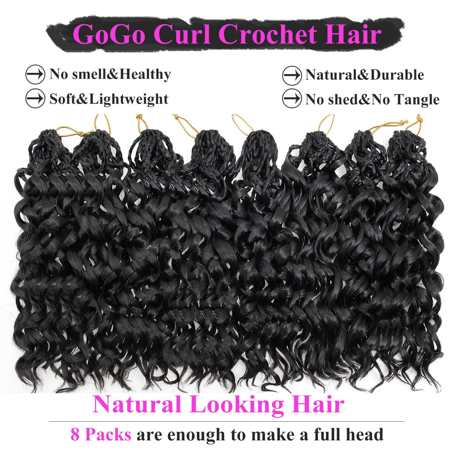 10 Inch Pre Looped Crochet Hair for Black Women - Gogo Curl/Beach Curl/Ocean/Water/Deep Wave Crochet Hair 8 Packs, Synthetic Hair Tangle-Free Natural Look Curly Hair Extensions (1B)
