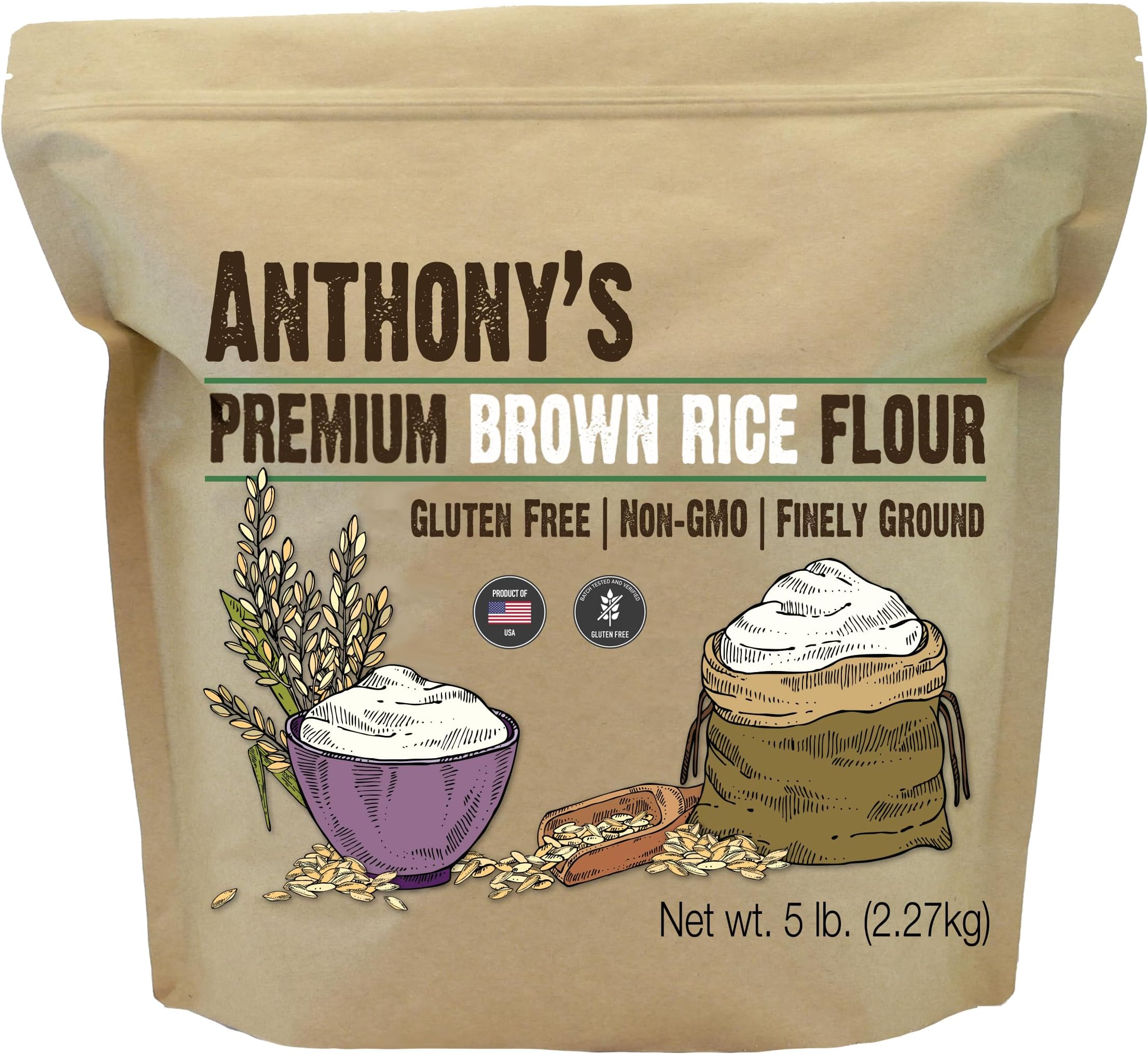 Anthony's Brown Rice Flour, 5 lb, Gluten Free, Non GMO, Product of USA, Vegan
