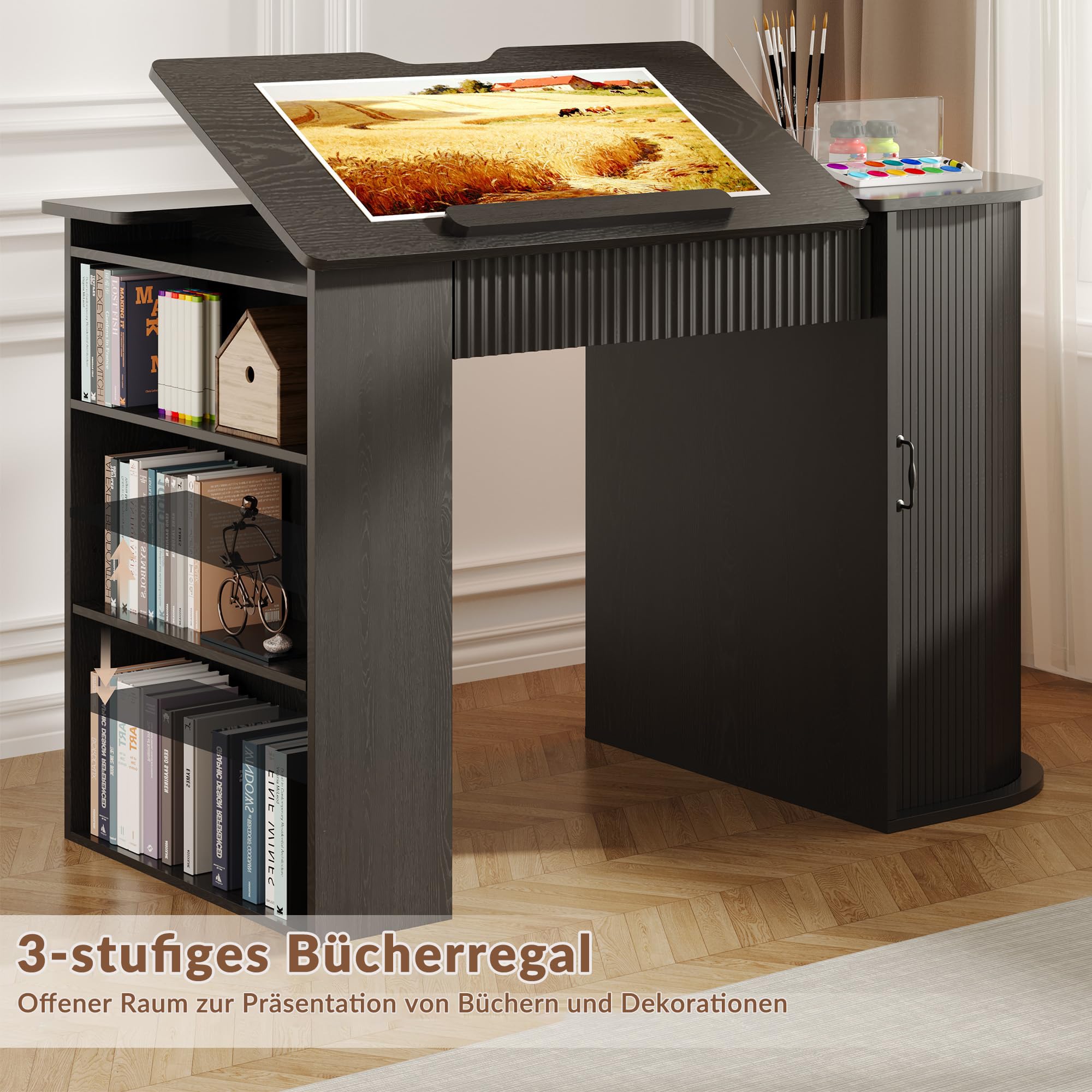 Zeichentisch mit neigbarer Platte, Regal und Schrank, Schwarz | Neigbare Tischplatte, Regal mit 3 Fächern, Schrank mit Tür, Ablageleiste, Für Zeichnen und Malen