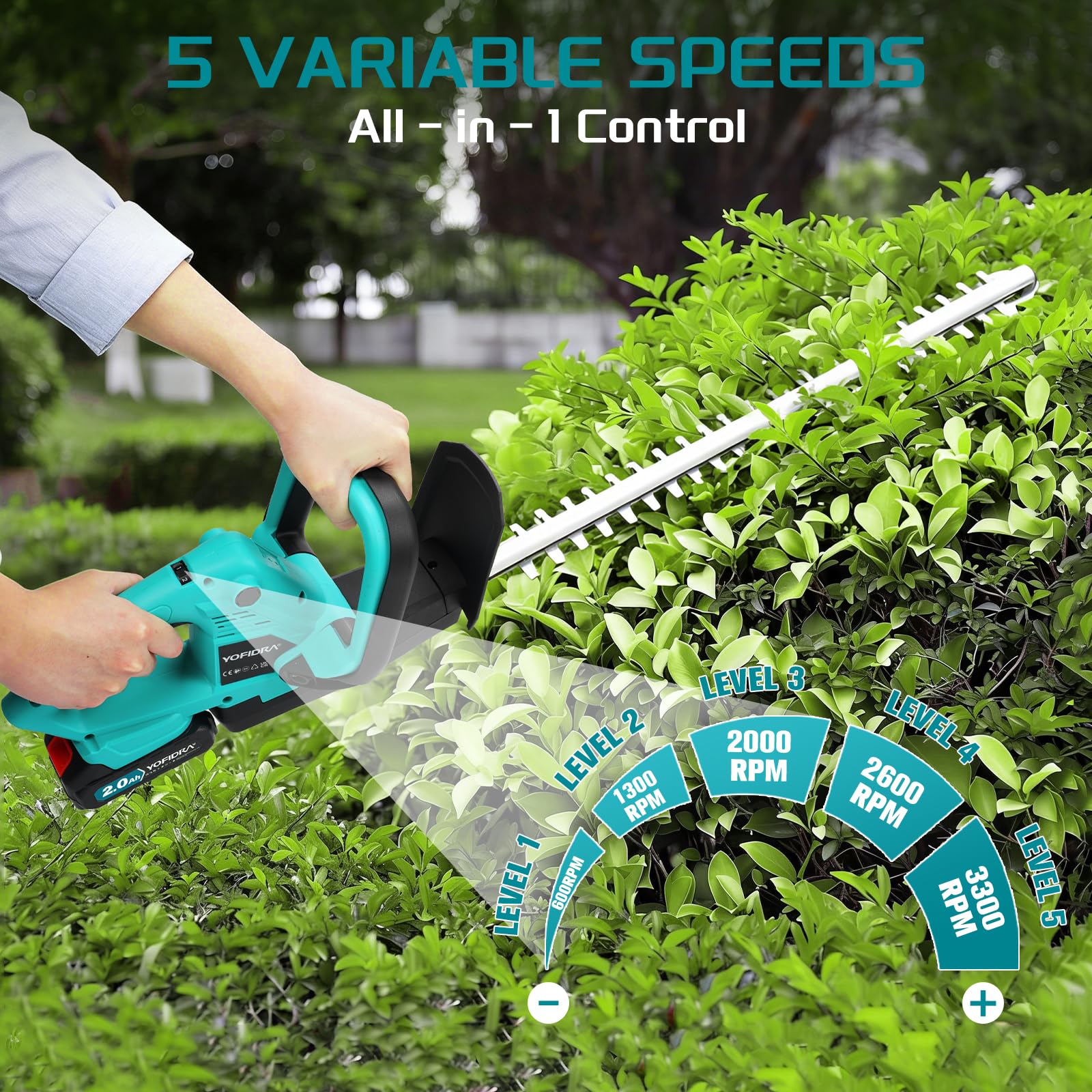 Yofidra Cortasetos con batería, 3300 rpm, 5 velocidades | Cortasetos eléctrico con cuchillas de 54 cm de largo, 2 baterías de 2000 mAh, ligeras para podar en jardín y arbustos