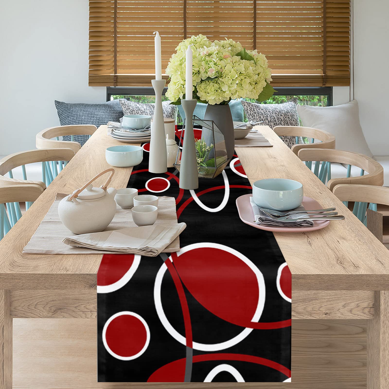 Camino De Mesa De Lino Rojo Y Negro – 33x183 Cm, Estampado Floral Moderno, Lavable A Máquina
