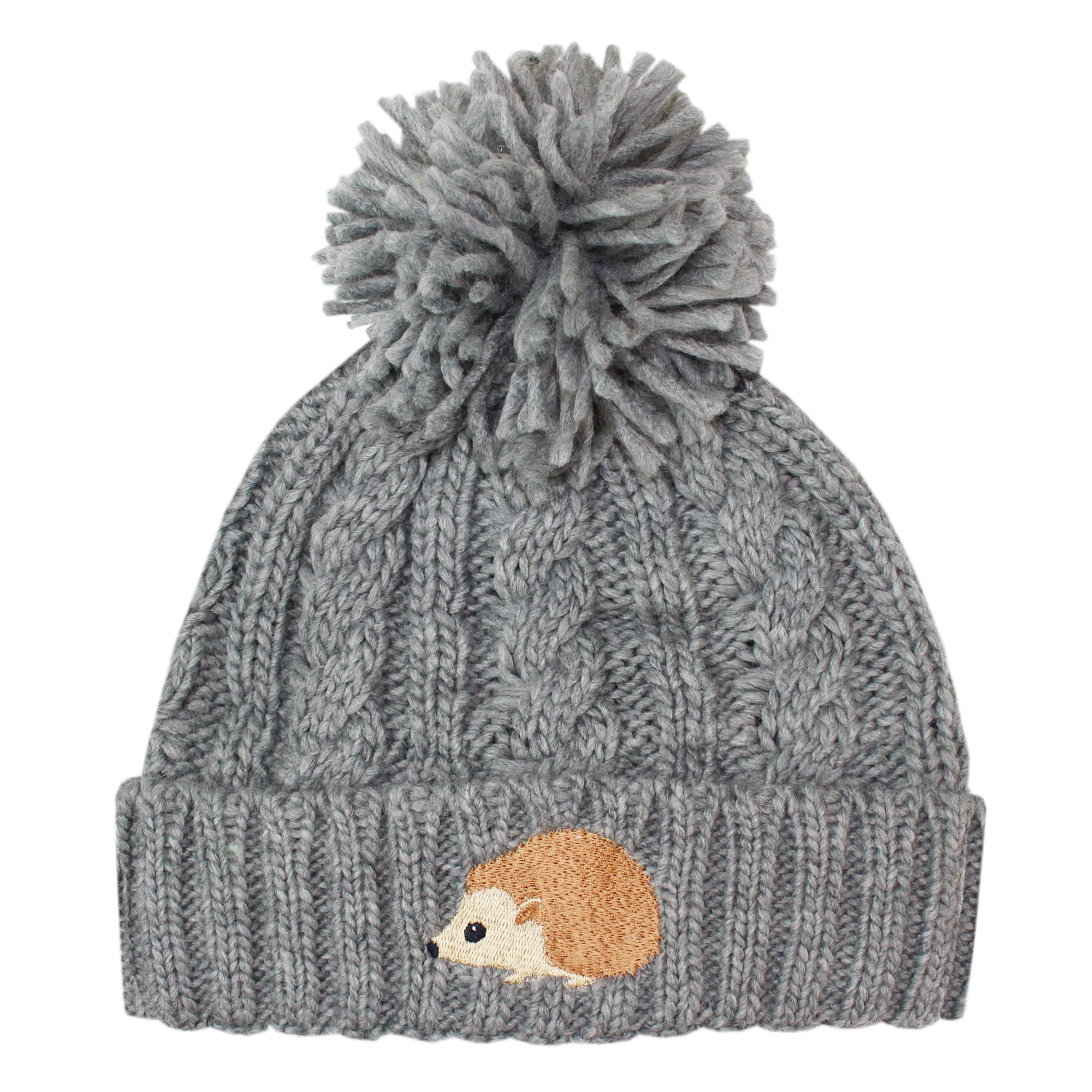 Teddyts Women's Grey Hedgehog Chunky Cable Knit Thermal Bobble Hat (Grey), L