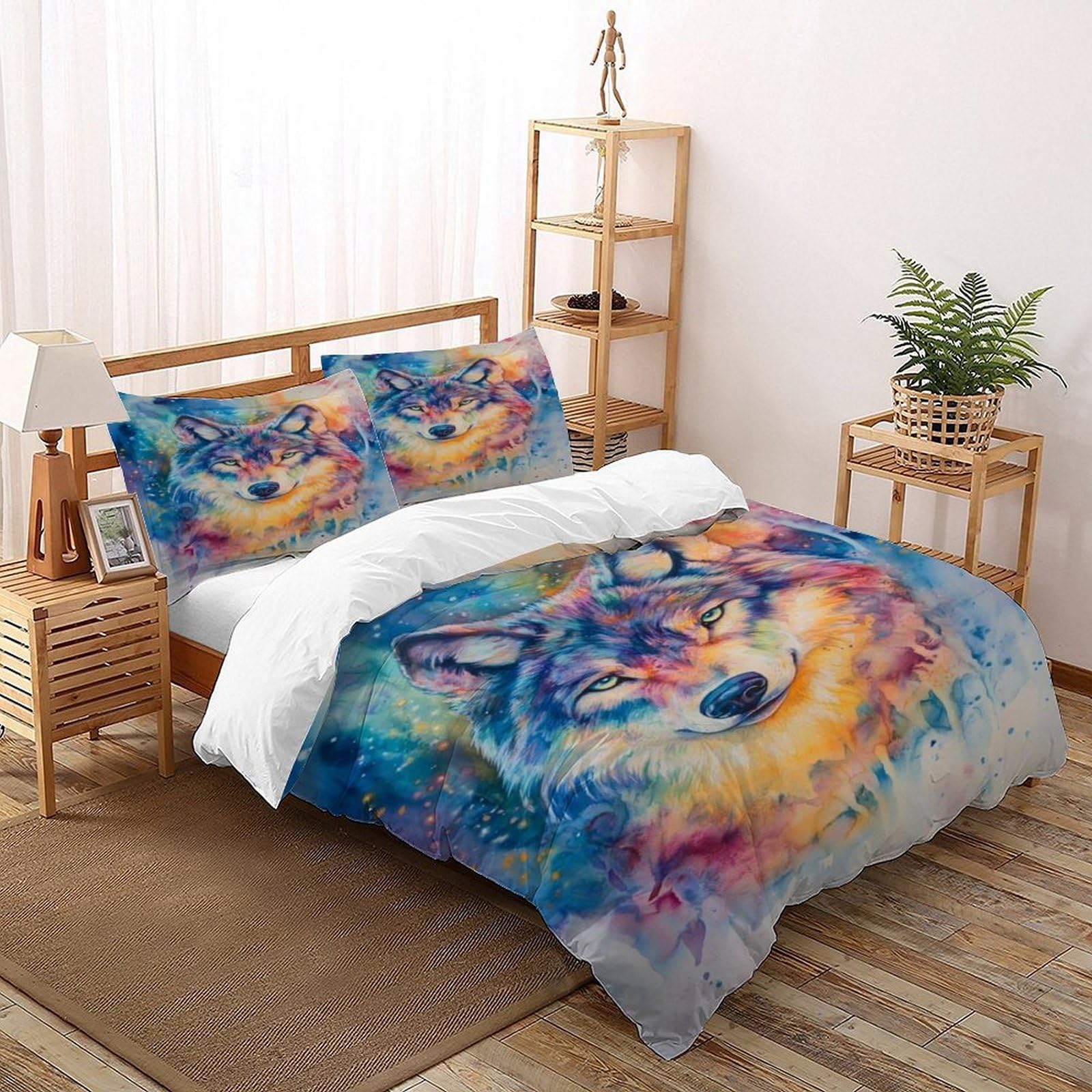 Housse de couette loup aquarelle 200x200 parure lit 2 personnes avec fermetures éclair et taies