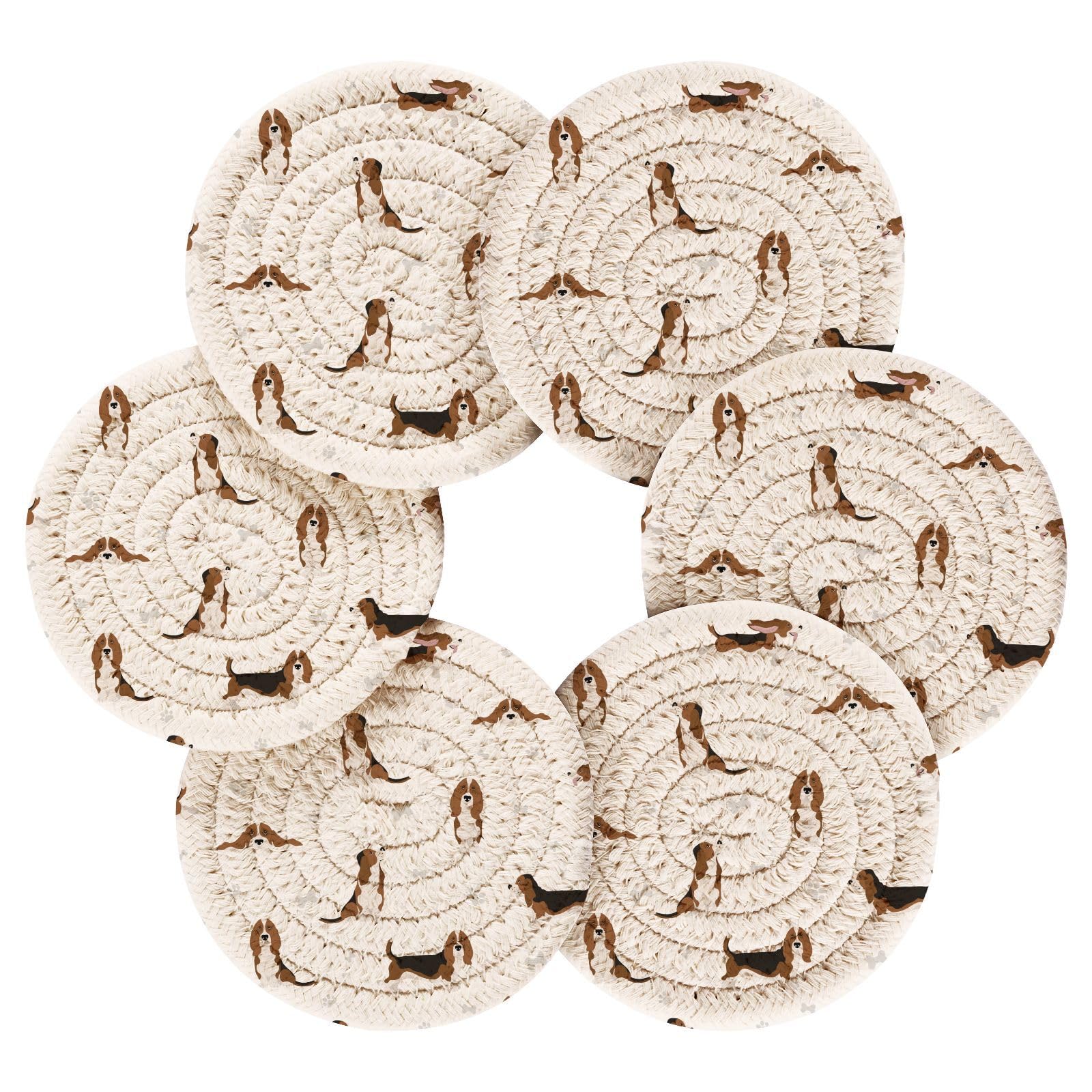 Dog Basset Hound Coasters for Drinks Set of 6 Woven Drink Coasters with Holder for Living Room Bar Table Office Home Decor