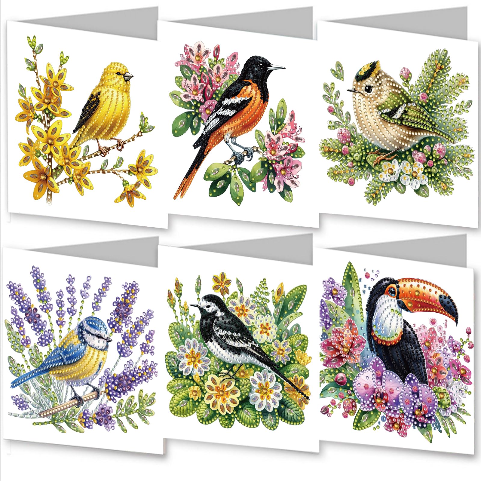 Awesocrafts 6pcs Diamond Art Christmas Cards Kits Bird Flowers, DIY Diamond Painting Cards Sets, 5D Crystal Art Card with Envelopes, Postcards for Handmade, Xmas 30 * 15cm (Flowers)
