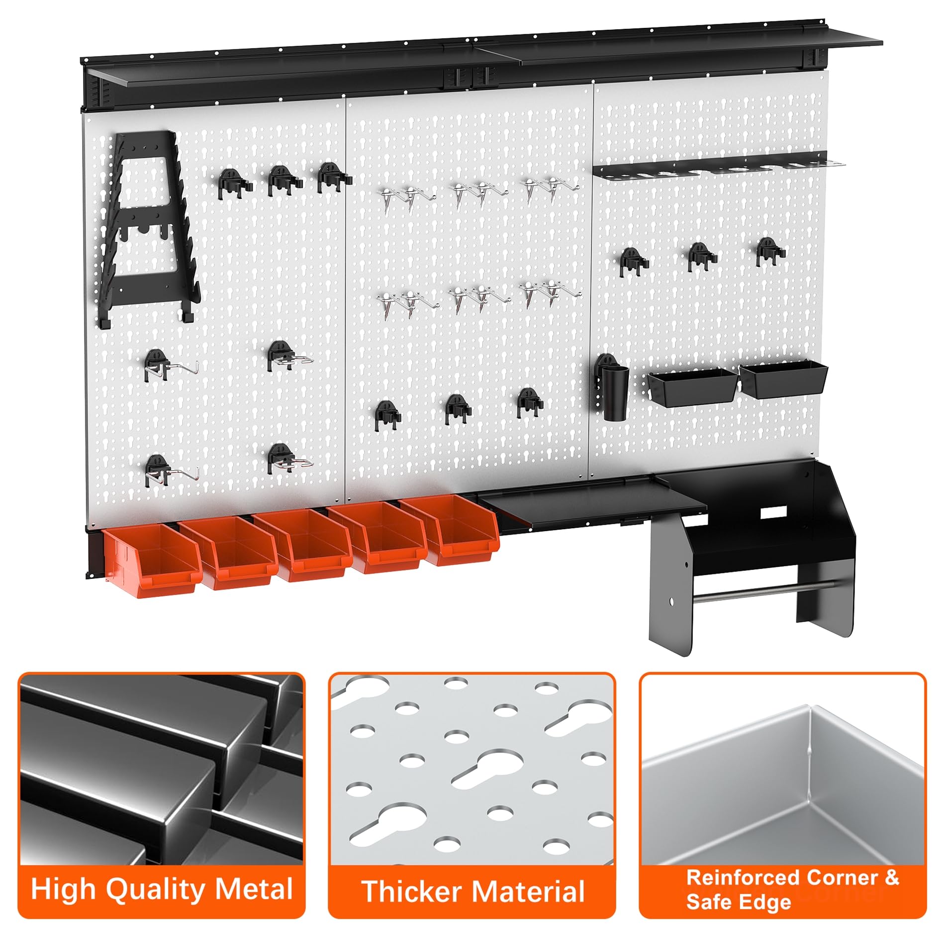 TORACK Organizer ścienny z tablicą Pegboard, 1,2 m, garaż, metalowy zestaw do przechowywania narzędzi z haczykami na tablicę narzędziową, pojemniki montowane na ścianie, uchwyt na ręczniki papierowe,