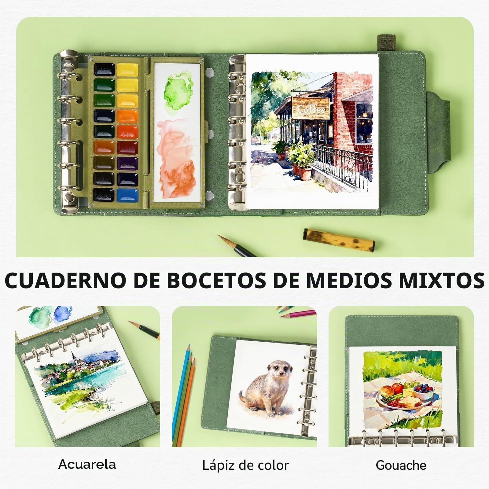 LIGHTWISH Set de Acuarela Profesional de Viaje | Bloc 11x13 cm con 20 Hojas de Papel 100% Algodón Prensado en Caliente | Incluye Paleta de Cerámica y Pincel de Agua | Ideal para Urban Sketching y Pint
